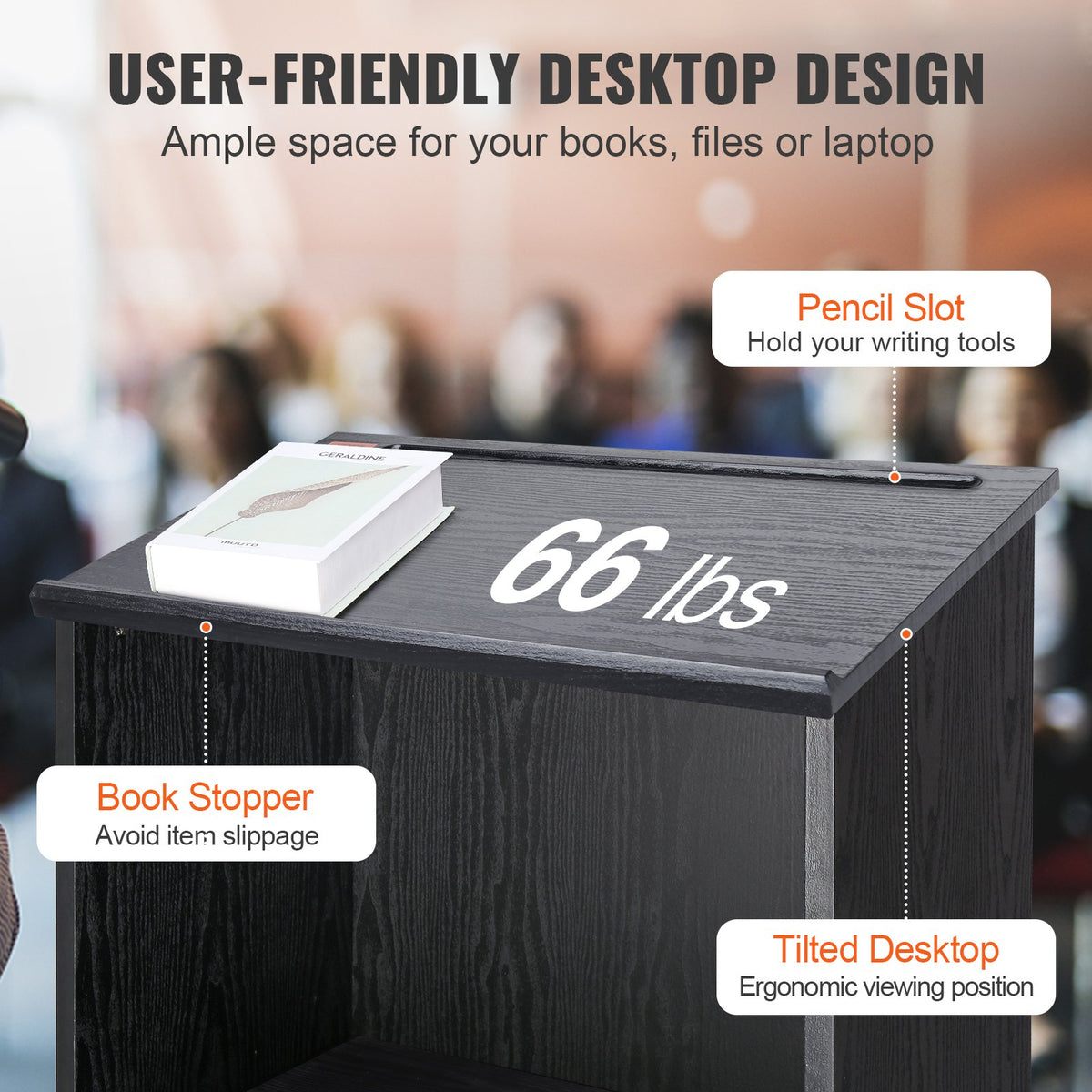 Podium Stand, 47 in Hostess Stand with 4 Rolling Wheels, Wood Podium with Storage Shelves, and Slant Desktop, V952-CTSJTHSYMDF47ZN65V0