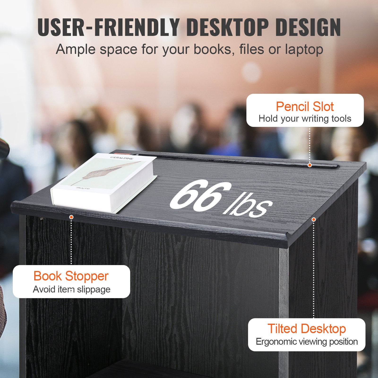 Podium Stand, 47 in Hostess Stand with 4 Rolling Wheels, Wood Podium with Storage Shelves, and Slant Desktop, V952-CTSJTHSYMDF47ZN65V0