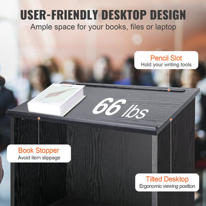 Podium Stand, 47 in Hostess Stand with 4 Rolling Wheels, Wood Podium with Storage Shelves, and Slant Desktop, V952-CTSJTHSYMDF47ZN65V0