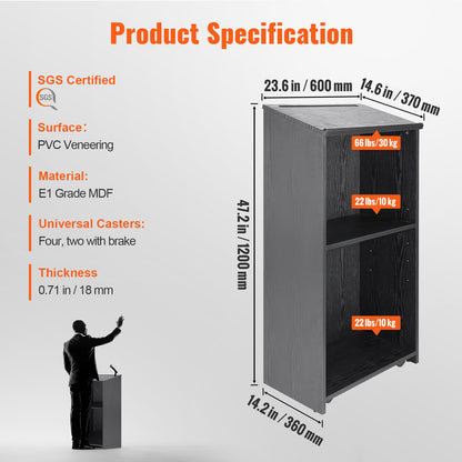 Podium Stand, 47 in Hostess Stand with 4 Rolling Wheels, Wood Podium with Storage Shelves, and Slant Desktop, V952-CTSJTHSYMDF47ZN65V0