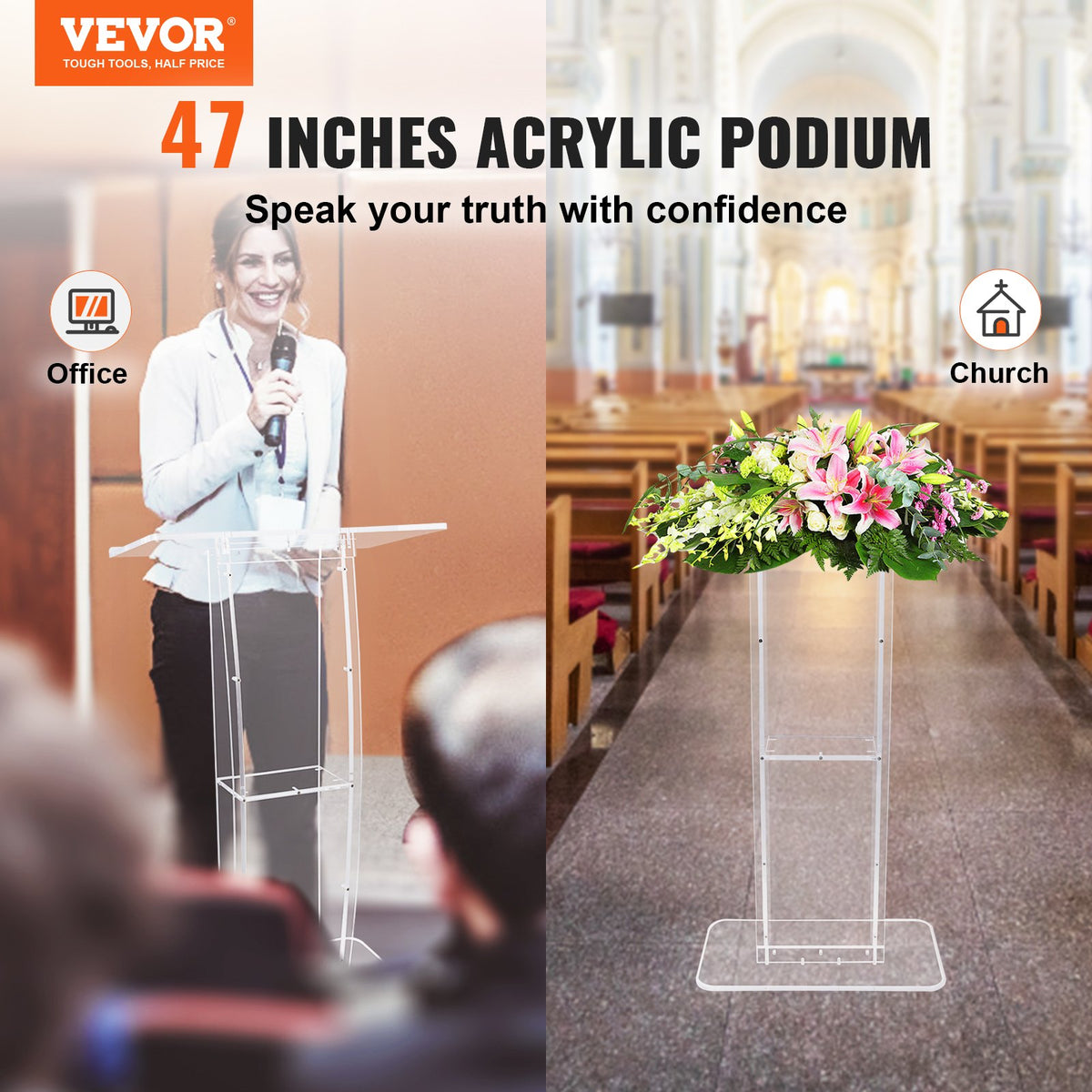 Acrylic Podium, 47" Tall, Clear Acrylic Podium Stand with Wide Reading Surface & Storage Shelf, V952-CTSJTYKLBST47YW3EV0