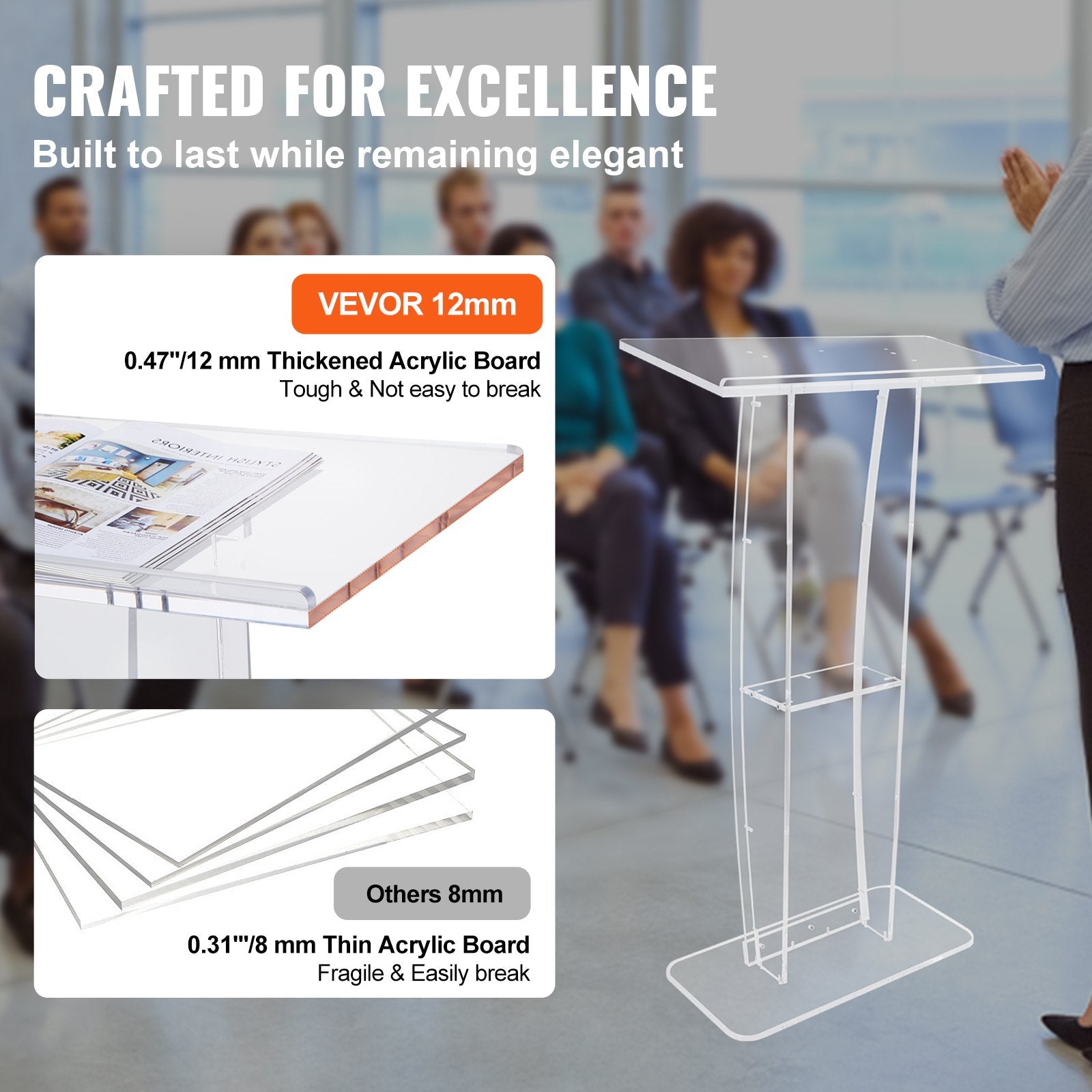 Acrylic Podium, 47" Tall, Clear Acrylic Podium Stand with Wide Reading Surface & Storage Shelf, V952-CTSJTYKLBST47YW3EV0