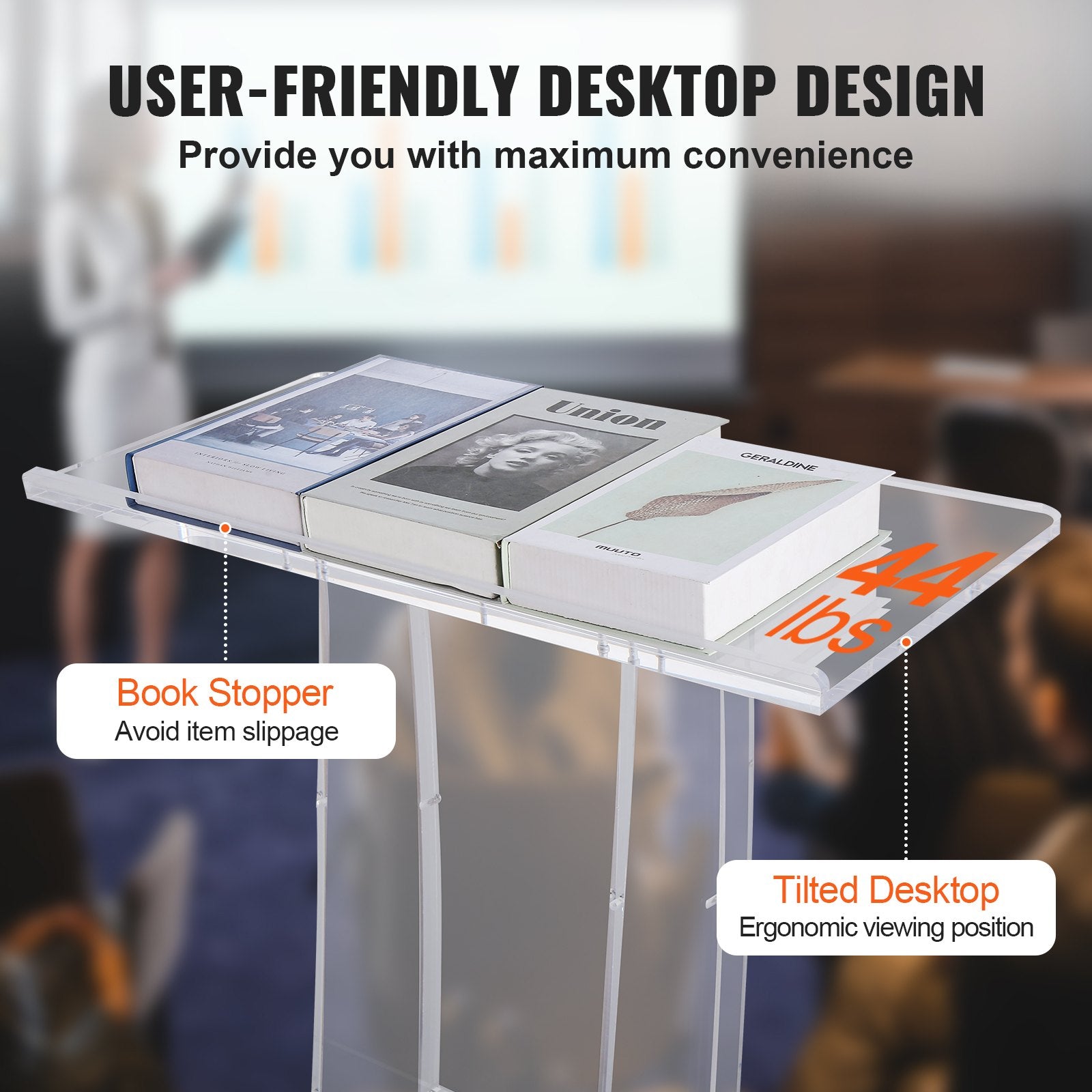 Acrylic Podium, 47" Tall, Clear Acrylic Podium Stand with Wide Reading Surface & Storage Shelf, V952-CTSJTYKLBST47YW3EV0