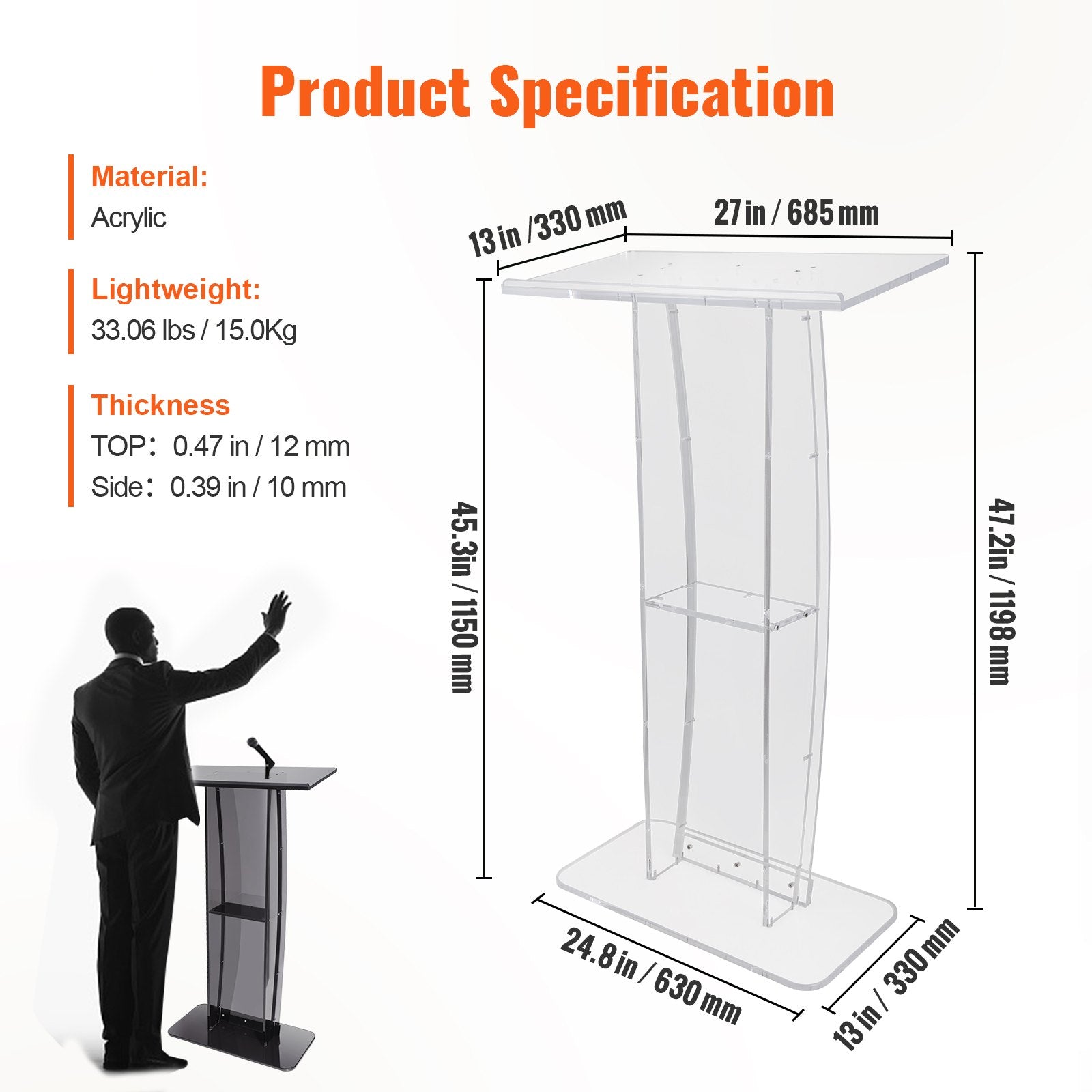 Acrylic Podium, 47" Tall, Clear Acrylic Podium Stand with Wide Reading Surface & Storage Shelf, V952-CTSJTYKLBST47YW3EV0