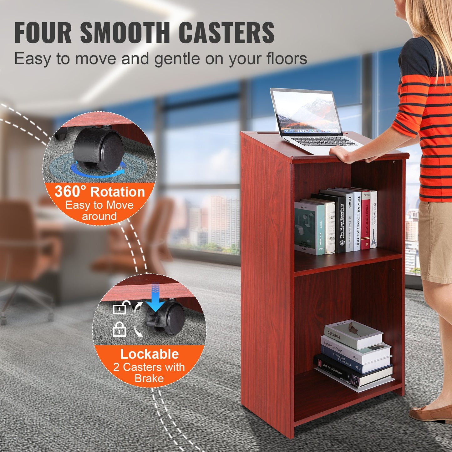 Podium Stand, 47 in Hostess Stand with 4 Rolling Wheels, Wood Podium with Storage Shelves, and Slant Desktop, V952-CTSJTZSYMDF47U54AV0