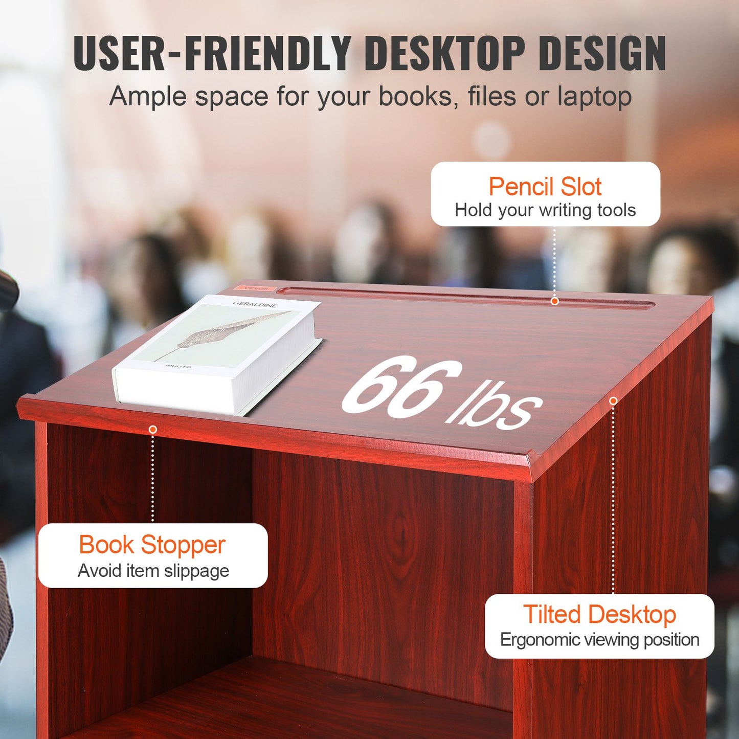 Podium Stand, 47 in Hostess Stand with 4 Rolling Wheels, Wood Podium with Storage Shelves, and Slant Desktop, V952-CTSJTZSYMDF47U54AV0