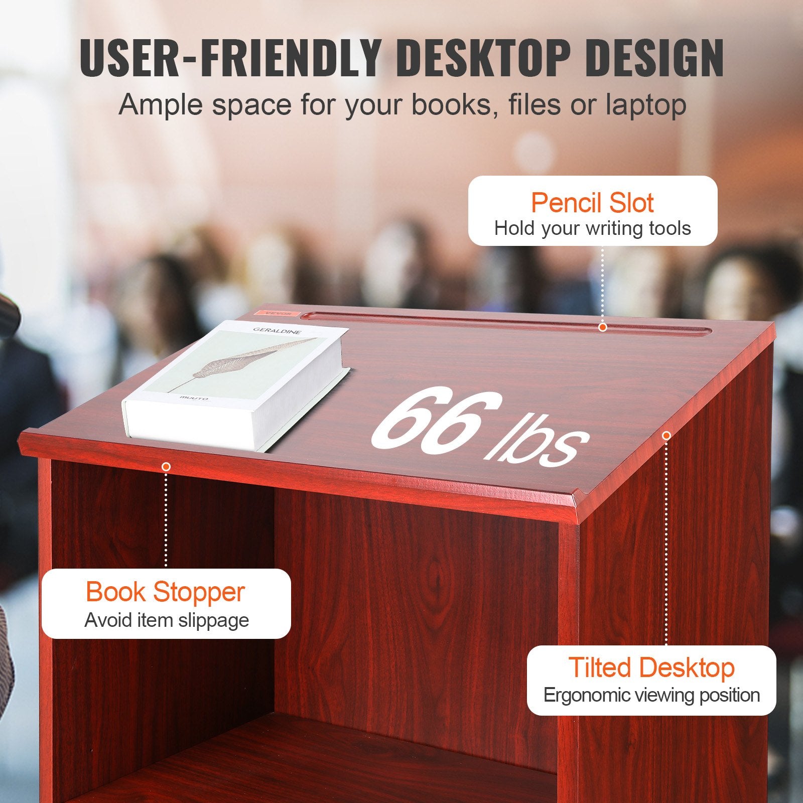 Podium Stand, 47 in Hostess Stand with 4 Rolling Wheels, Wood Podium with Storage Shelves, and Slant Desktop, V952-CTSJTZSYMDF47U54AV0