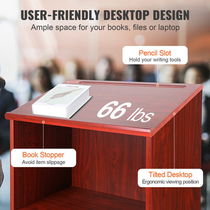 Podium Stand, 47 in Hostess Stand with 4 Rolling Wheels, Wood Podium with Storage Shelves, and Slant Desktop, V952-CTSJTZSYMDF47U54AV0