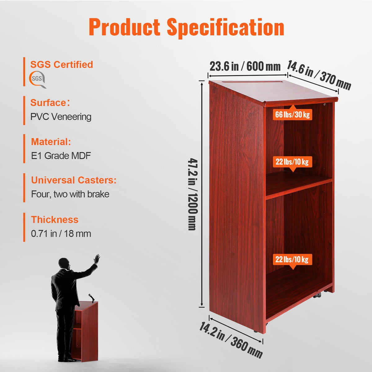 Podium Stand, 47 in Hostess Stand with 4 Rolling Wheels, Wood Podium with Storage Shelves, and Slant Desktop, V952-CTSJTZSYMDF47U54AV0