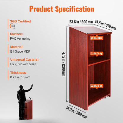 Podium Stand, 47 in Hostess Stand with 4 Rolling Wheels, Wood Podium with Storage Shelves, and Slant Desktop, V952-CTSJTZSYMDF47U54AV0