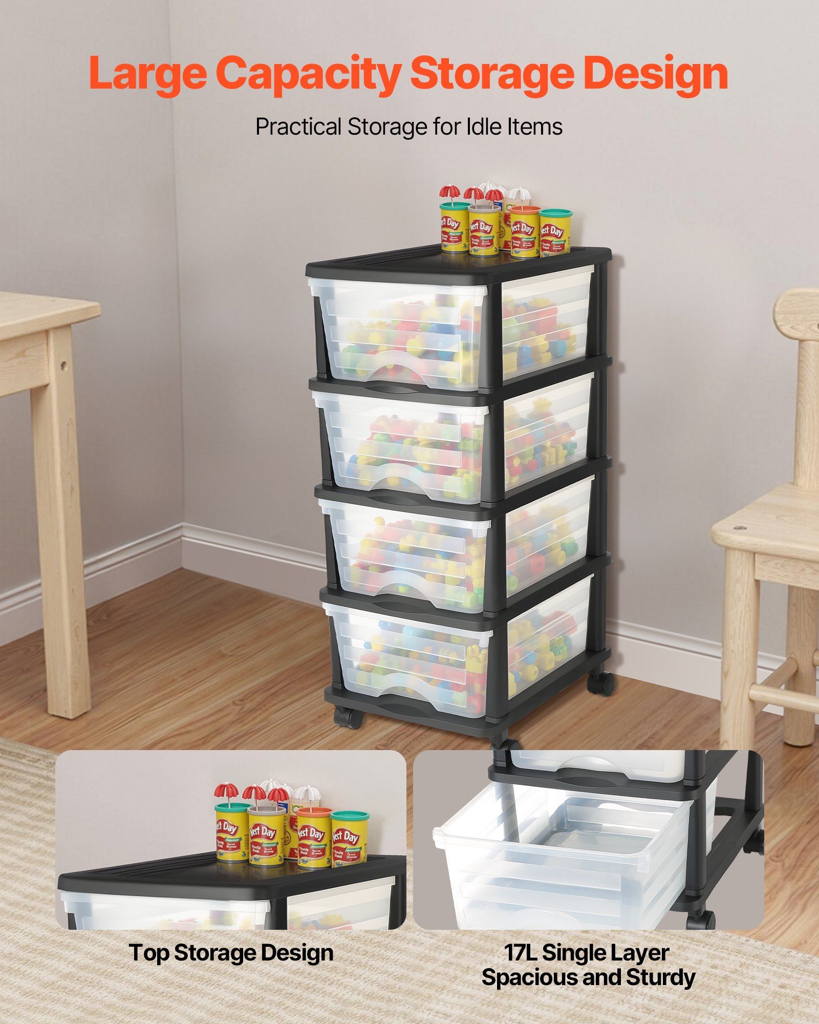 Plastic Storage Drawers Cart, 4 Drawers Storage Organizer with Wheels, Rolling Closet Organization and V952-CWCT1SLJL4G13PBKB001V0