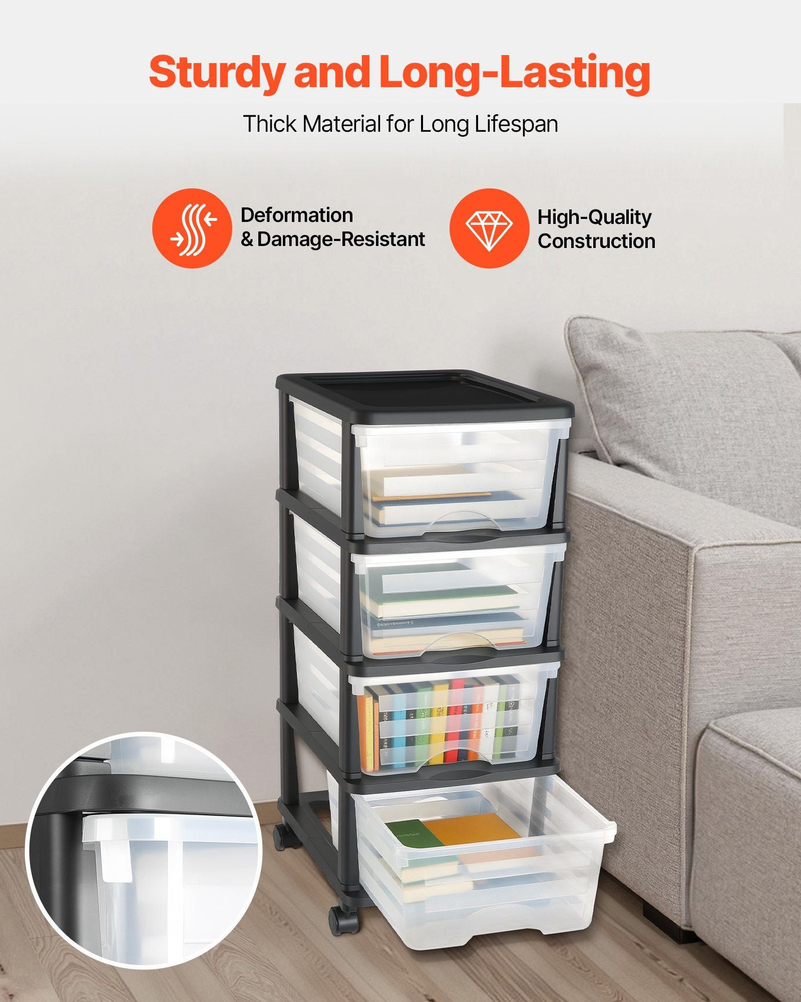 Plastic Storage Drawers Cart, 4 Drawers Storage Organizer with Wheels, Rolling Closet Organization and V952-CWCT1SLJL4G13PBKB001V0