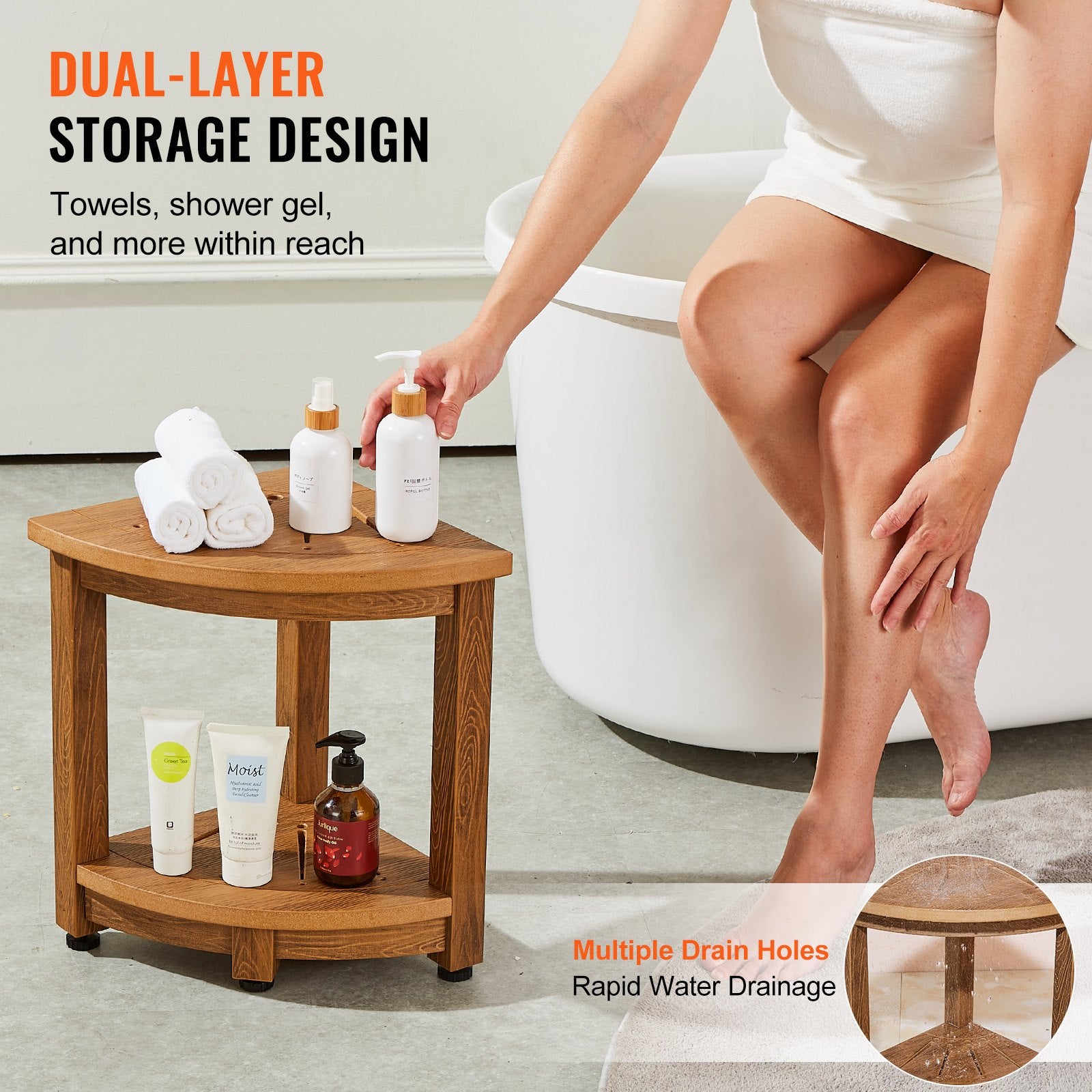Corner Shower Bench, 16.5" Height 12.8" Radius, Faux Wood Grain Polystyrene, 158KGS with Storage Shelf, Water V952-CWDSL128INCHWXKBGV0