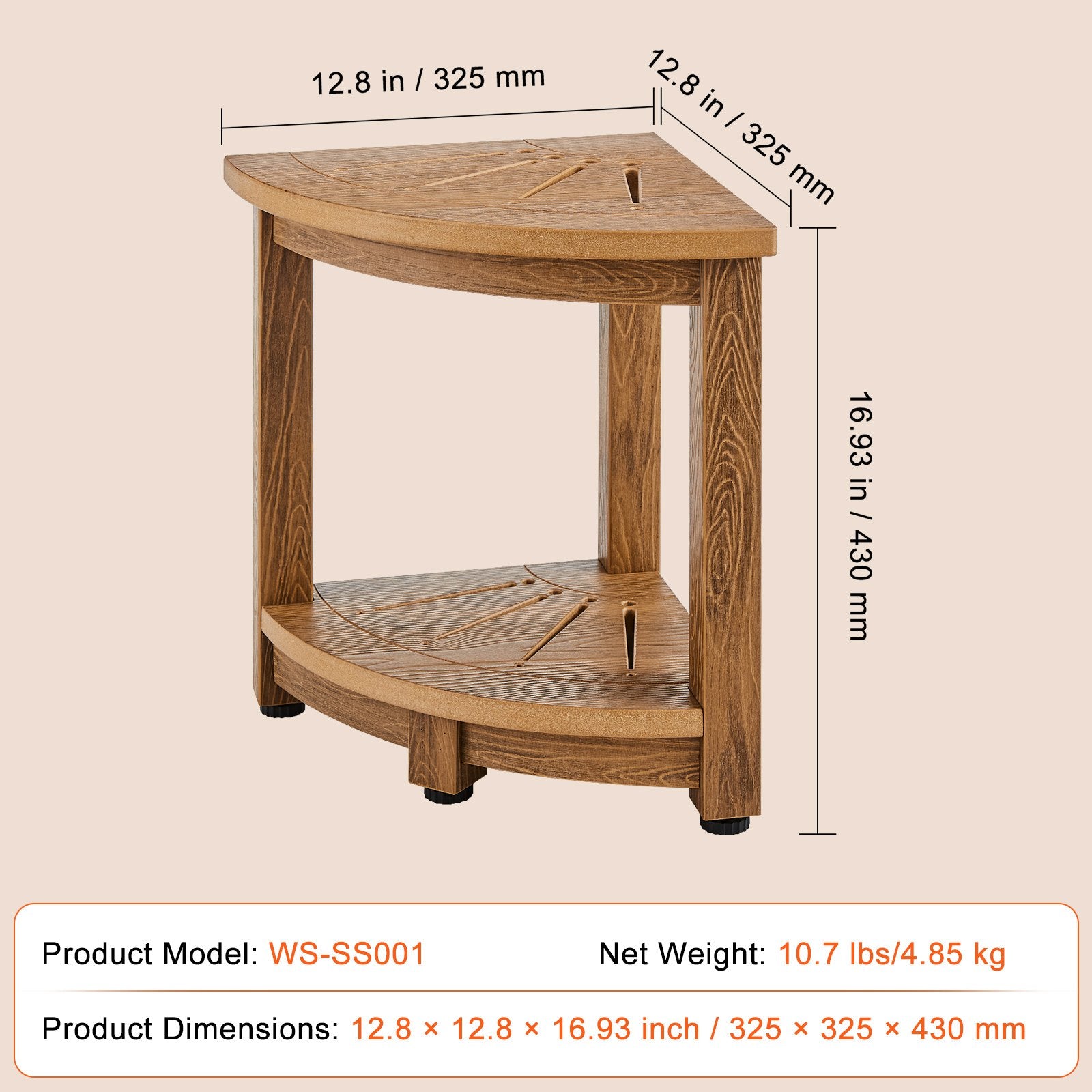 Corner Shower Bench, 16.5" Height 12.8" Radius, Faux Wood Grain Polystyrene, 158KGS with Storage Shelf, Water V952-CWDSL128INCHWXKBGV0