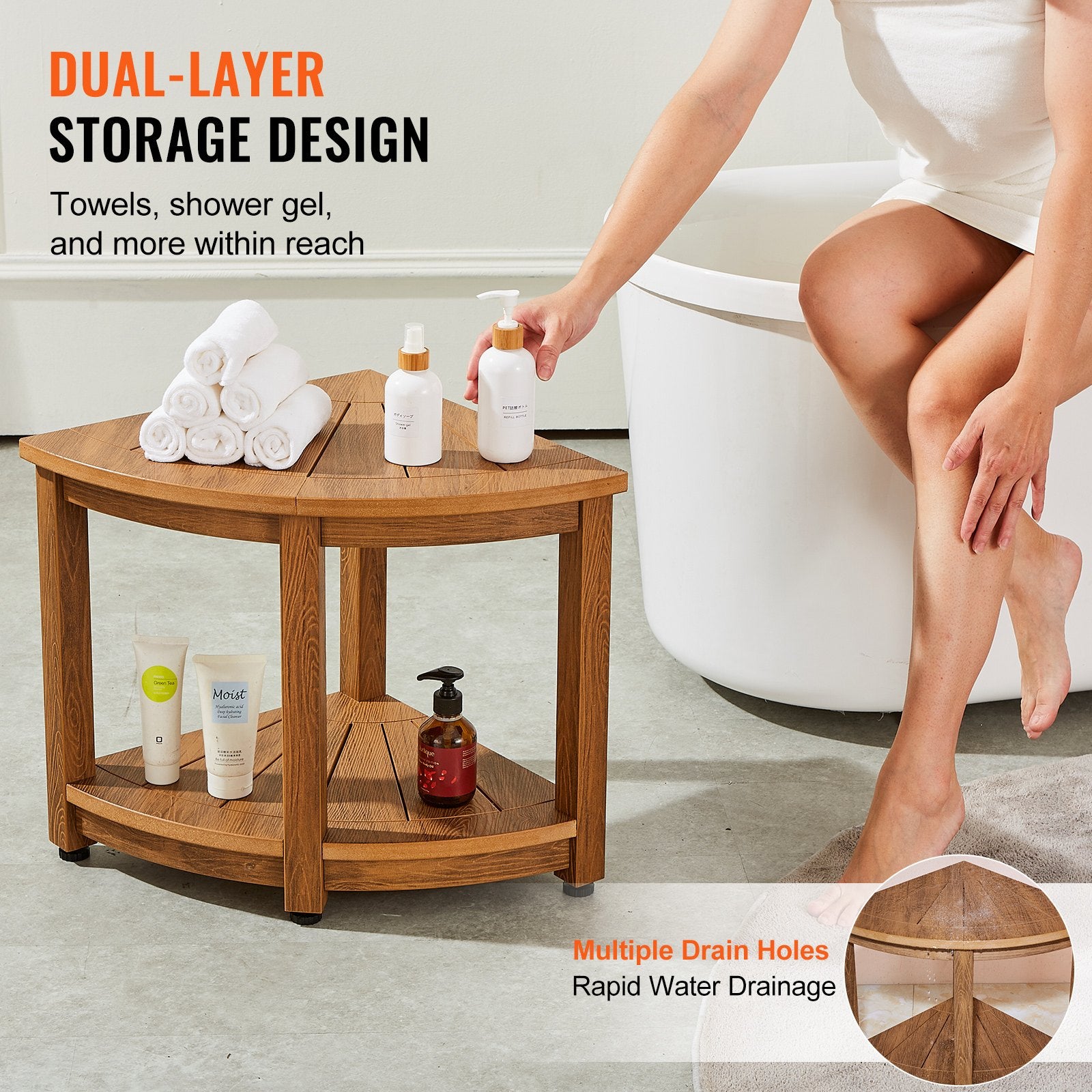 Corner Shower Bench, 18.5" Height 17.75" Radius, Faux Wood Grain Polystyrene,159KGS with Storage Shelf, Water V952-CWDSL1775INCVD6RIV0