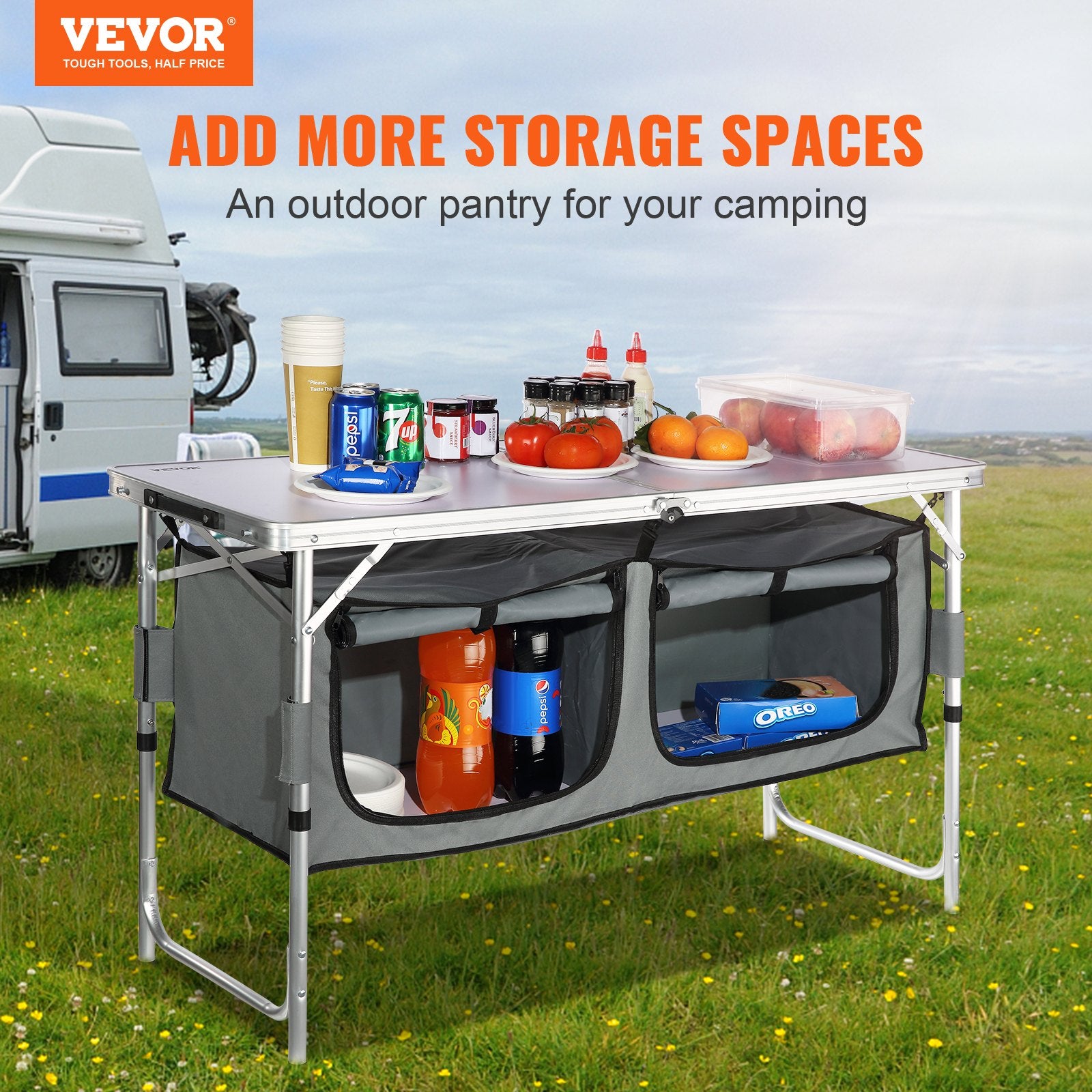 Camping Kitchen Table, Quick set-up Folding Camping Table with A Carrying Bag, 3 Adjustable Heights, MDF V952-CWJKYDCFHSHSB10K7V0