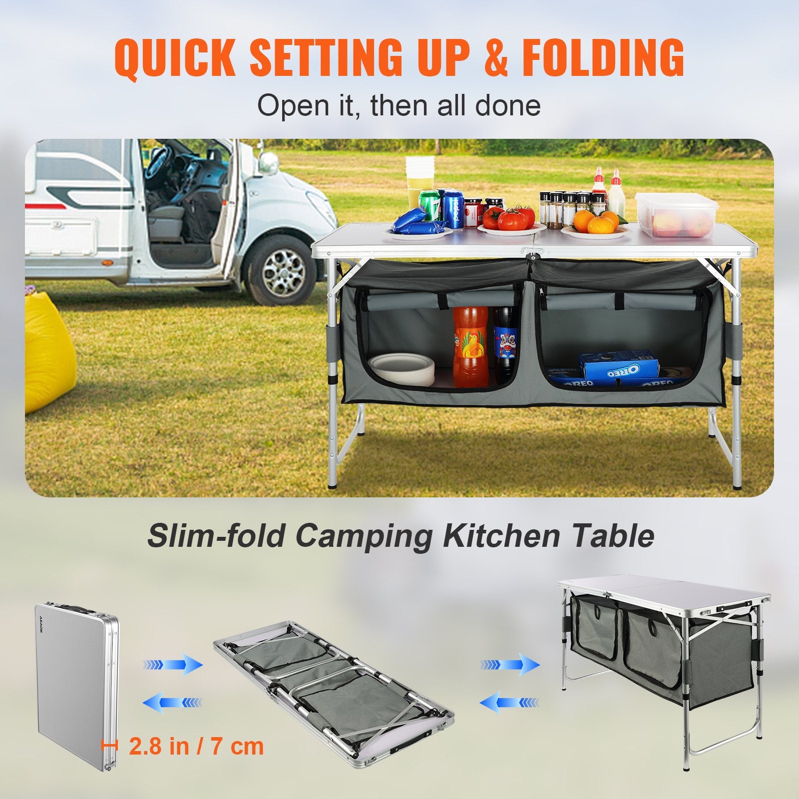 Camping Kitchen Table, Quick set-up Folding Camping Table with A Carrying Bag, 3 Adjustable Heights, MDF V952-CWJKYDCFHSHSB10K7V0