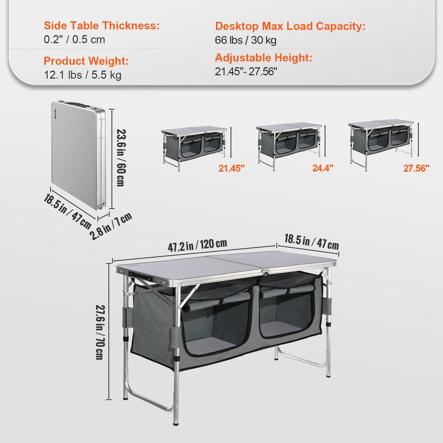 Camping Kitchen Table, Quick set-up Folding Camping Table with A Carrying Bag, 3 Adjustable Heights, MDF V952-CWJKYDCFHSHSB10K7V0