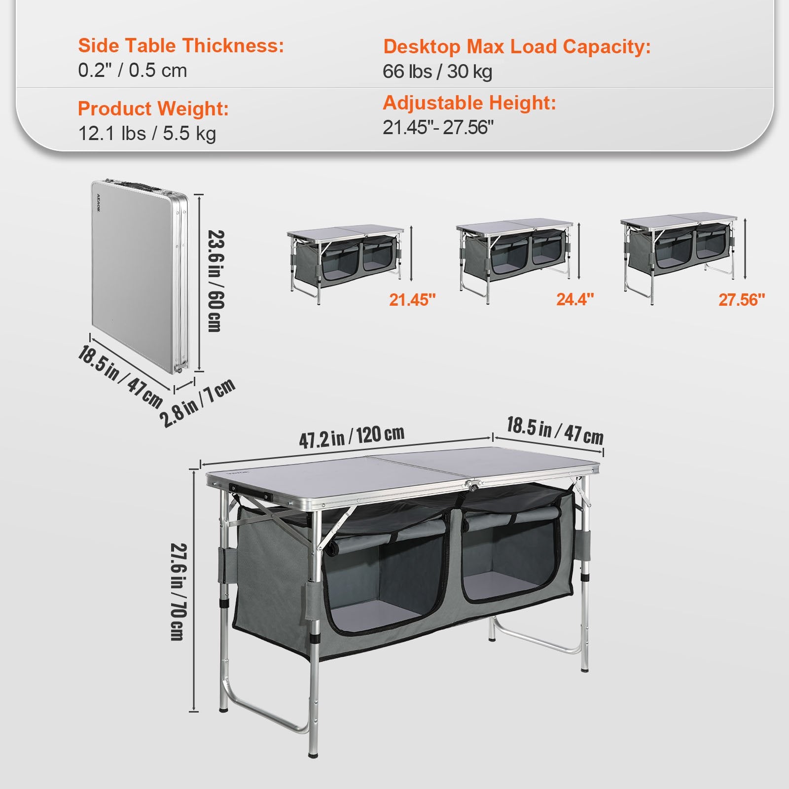 Camping Kitchen Table, Quick set-up Folding Camping Table with A Carrying Bag, 3 Adjustable Heights, MDF V952-CWJKYDCFHSHSB10K7V0