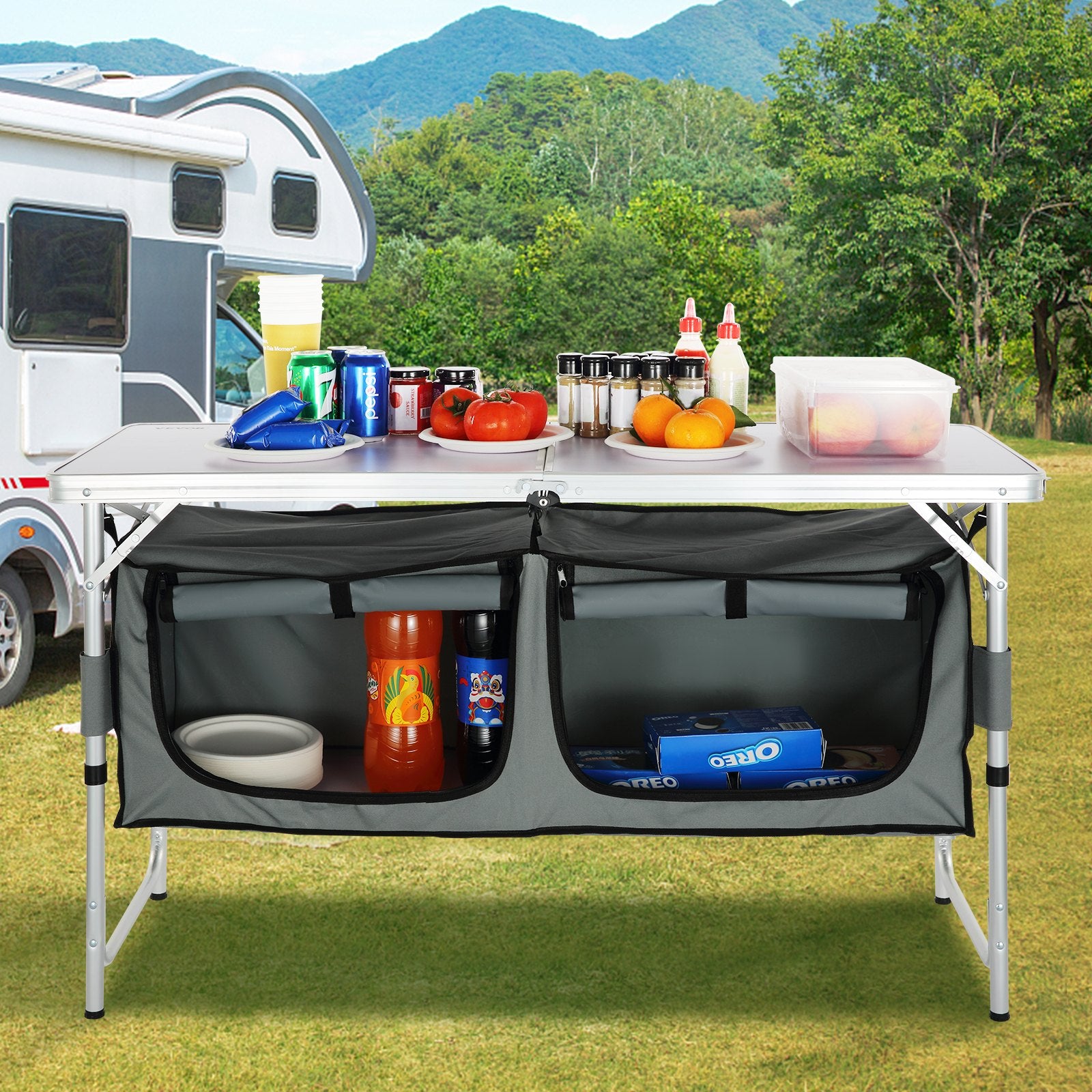 Camping Kitchen Table, Quick set-up Folding Camping Table with A Carrying Bag, 3 Adjustable Heights, MDF V952-CWJKYDCFHSHSB10K7V0