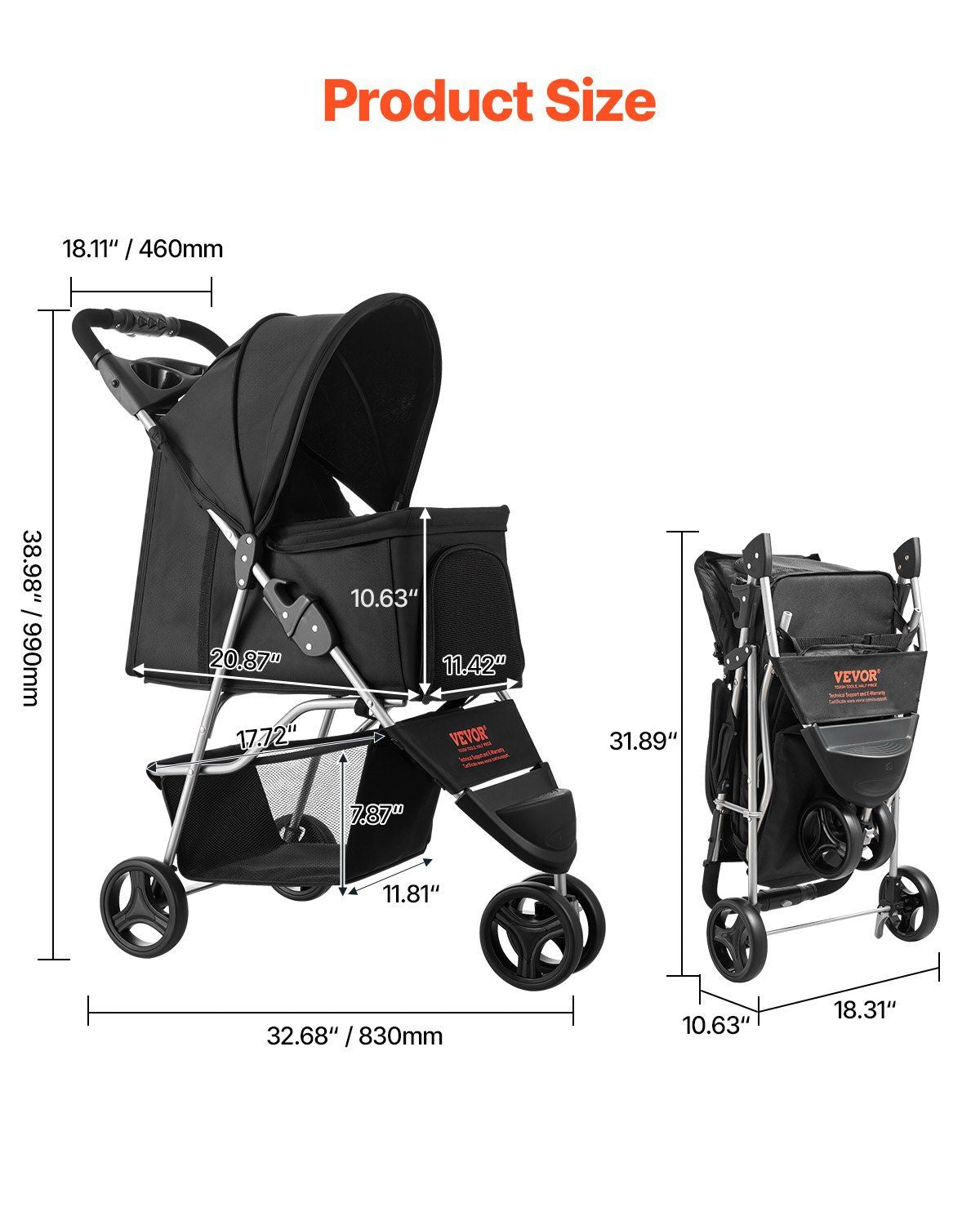 Pet Stroller, 16KG Weight Capacity, Foldable Dog Stroller Cart, 3 Wheels Cats Strollers with Mesh Windows and V952-CWTCCGK3QSHD7TWPWV0