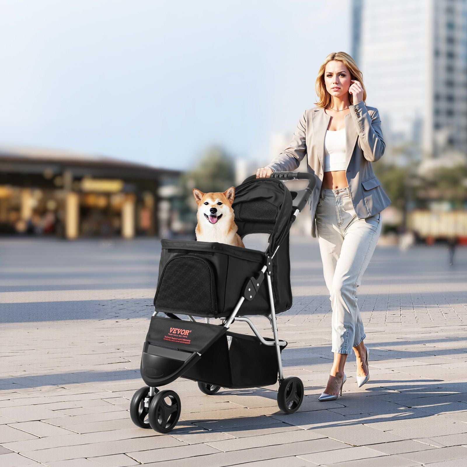 Pet Stroller, 16KG Weight Capacity, Foldable Dog Stroller Cart, 3 Wheels Cats Strollers with Mesh Windows and V952-CWTCCGK3QSHD7TWPWV0