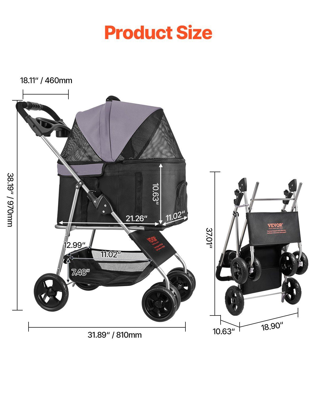 Pet Stroller, 16KG Weight Capacity, Foldable Dog Stroller Cart, 4 Wheels Cats Pram with Detachable Carrier & V952-CWTCCGK4QSHD9M2U7V0