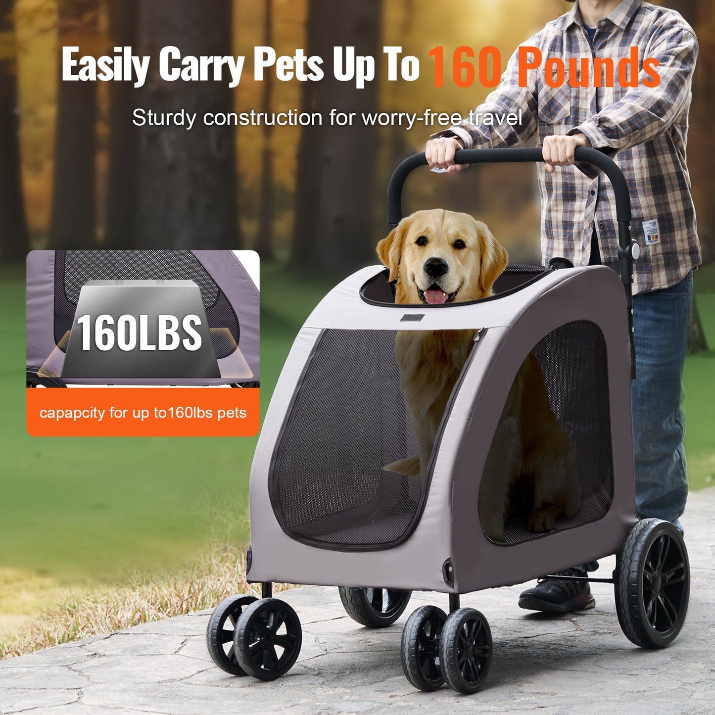 Pet Stroller, 4 Wheels Dog Stroller with Brakes, 160lbs Weight Capacity, Portable Puppy Stroller Carrier with V952-CWTCDHK4QSHD3F05MV0