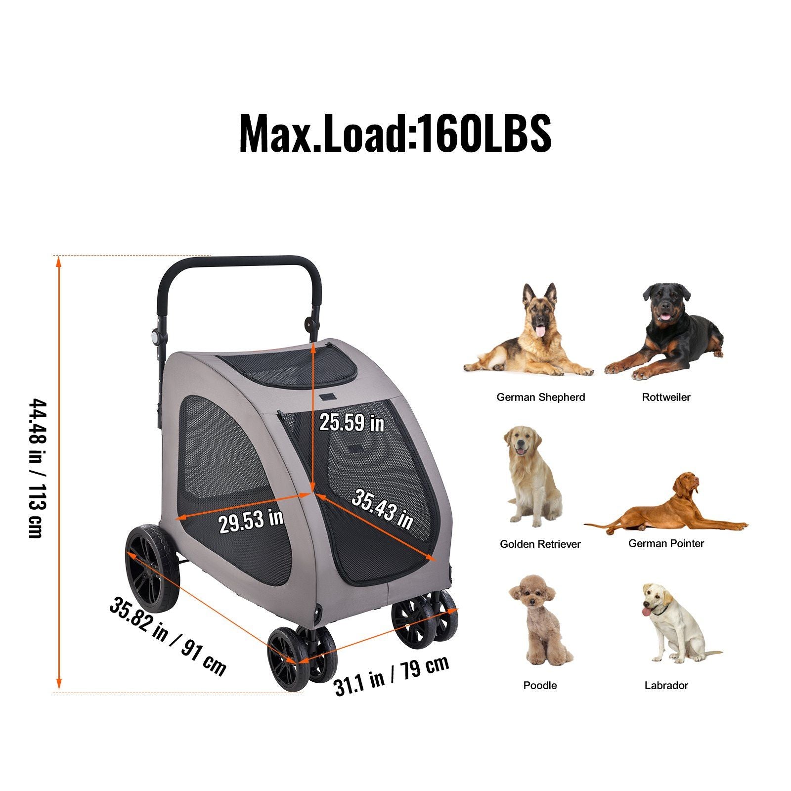 Pet Stroller, 4 Wheels Dog Stroller with Brakes, 160lbs Weight Capacity, Portable Puppy Stroller Carrier with V952-CWTCDHK4QSHD3F05MV0