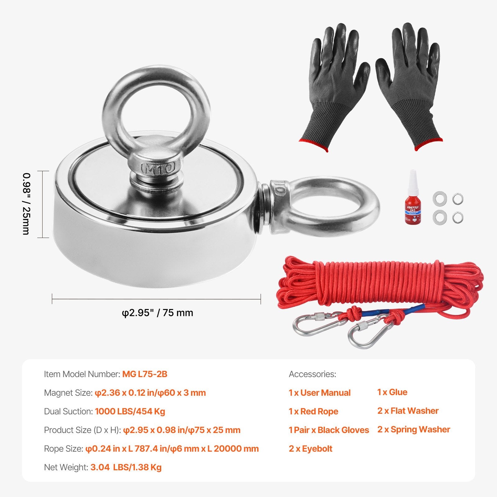 454 Kg Strong Fishing Magnet Kit Double-Sided Pull Force Rope Carabiner V952-CXDYTZ3JTSM18MVVCV0