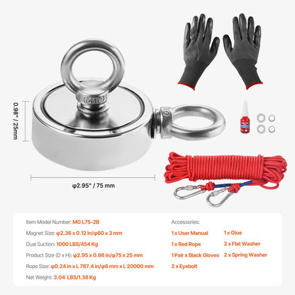 454 Kg Strong Fishing Magnet Kit Double-Sided Pull Force Rope Carabiner V952-CXDYTZ3JTSM18MVVCV0