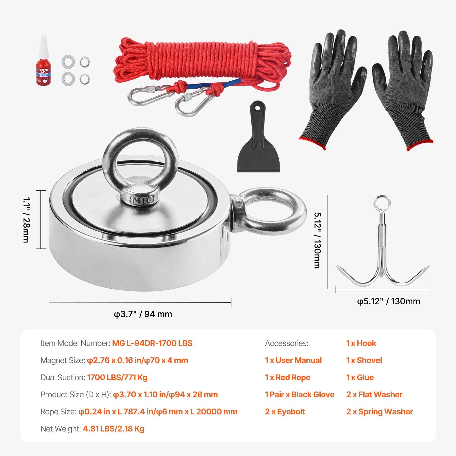 771 Kg Strong Fishing Magnet Kit Double Sided Pull Force Rope Carabiner V952-CXDYTZ5JTSM110PE7V0