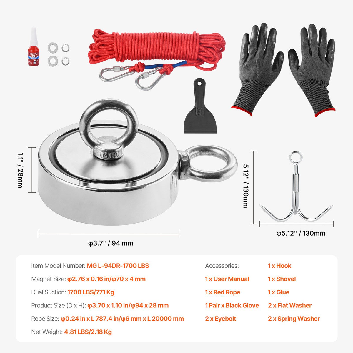 771 Kg Strong Fishing Magnet Kit Double Sided Pull Force Rope Carabiner V952-CXDYTZ5JTSM110PE7V0