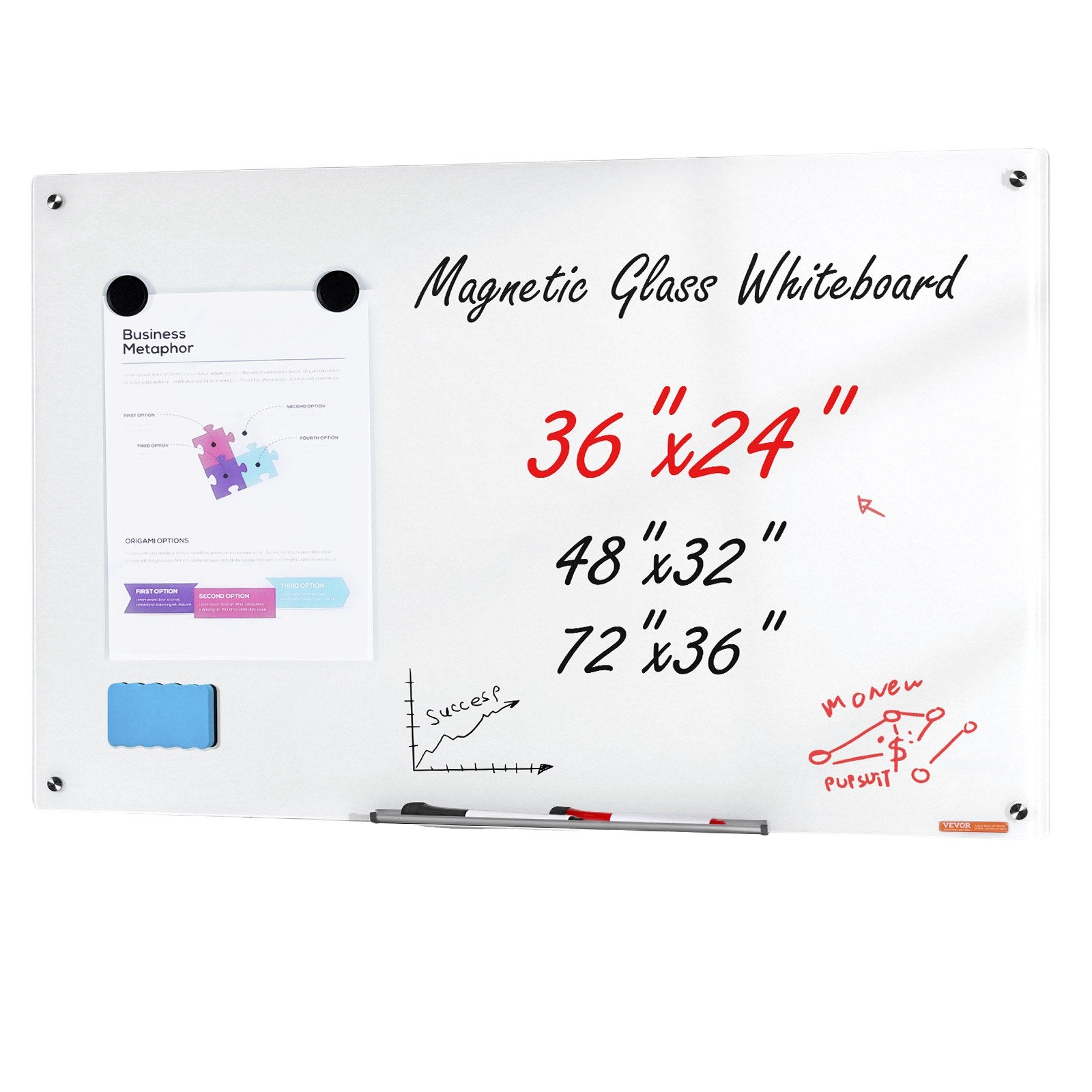 Magnetic Glass Whiteboard, Dry Erase Board 36"x24", Wall-Mounted Large White Glassboard Frameless, with V952-CXGCBLBGHBL3CGGHBV0