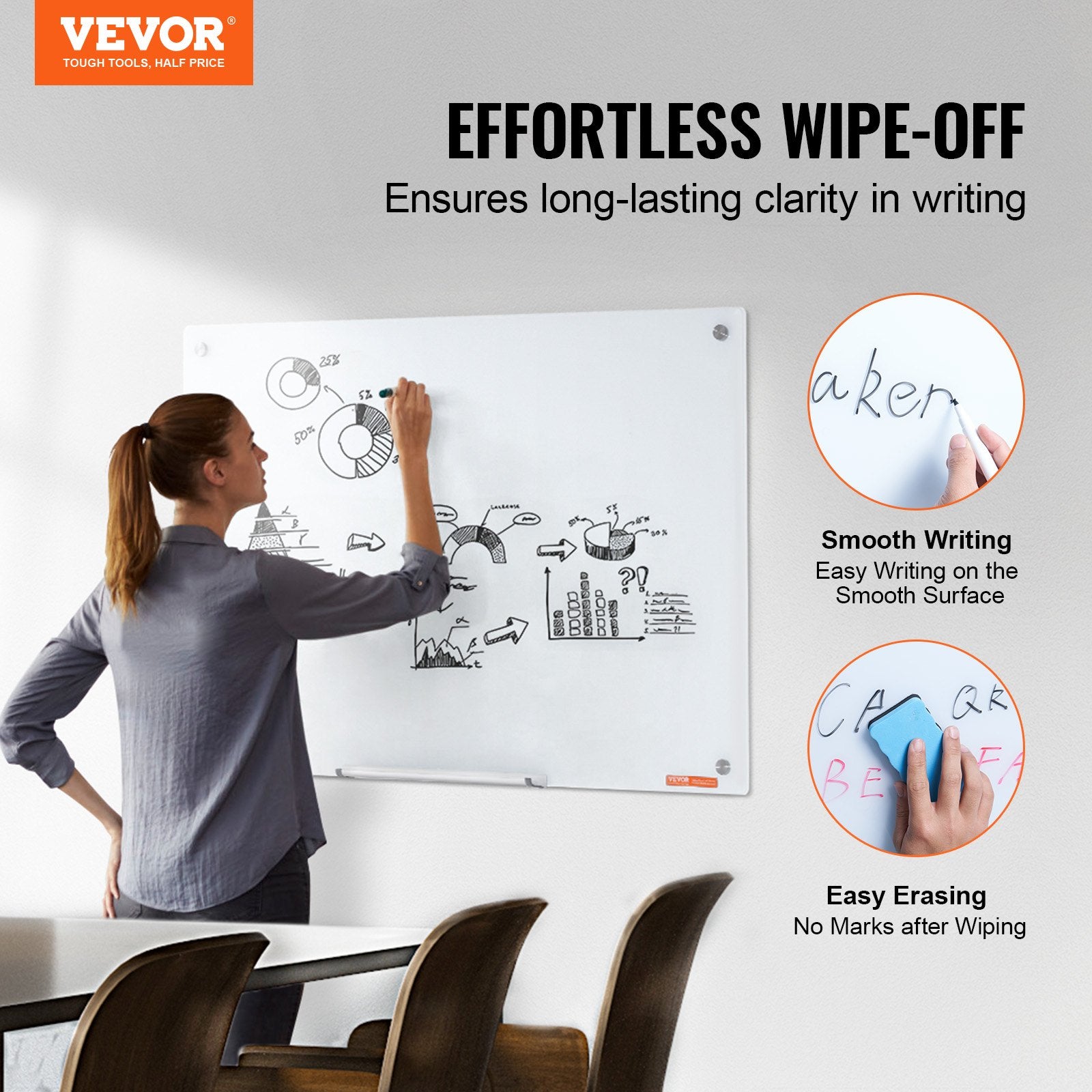 Magnetic Glass Whiteboard, Dry Erase Board 36"x24", Wall-Mounted Large White Glassboard Frameless, with V952-CXGCBLBGHBL3CGGHBV0