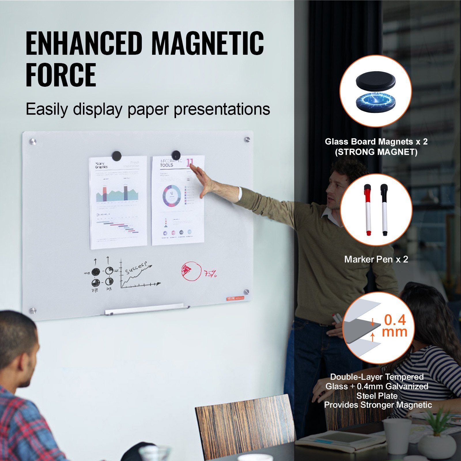 Magnetic Glass Whiteboard, Dry Erase Board 36"x24", Wall-Mounted Large White Glassboard Frameless, with V952-CXGCBLBGHBL3CGGHBV0