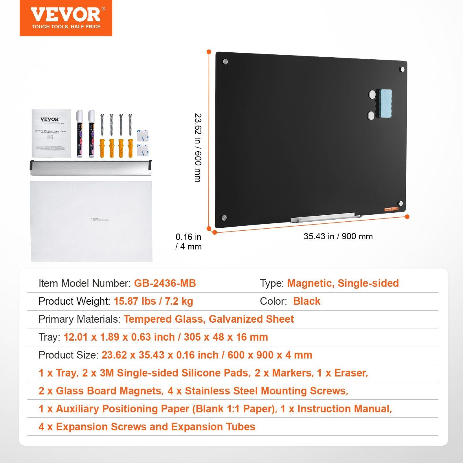 Magnetic Glass Whiteboard, Dry Erase Board 36"x24", Wall-Mounted Large White Glassboard Frameless, with V952-CXGCBLBGHBL3VB8RKV0