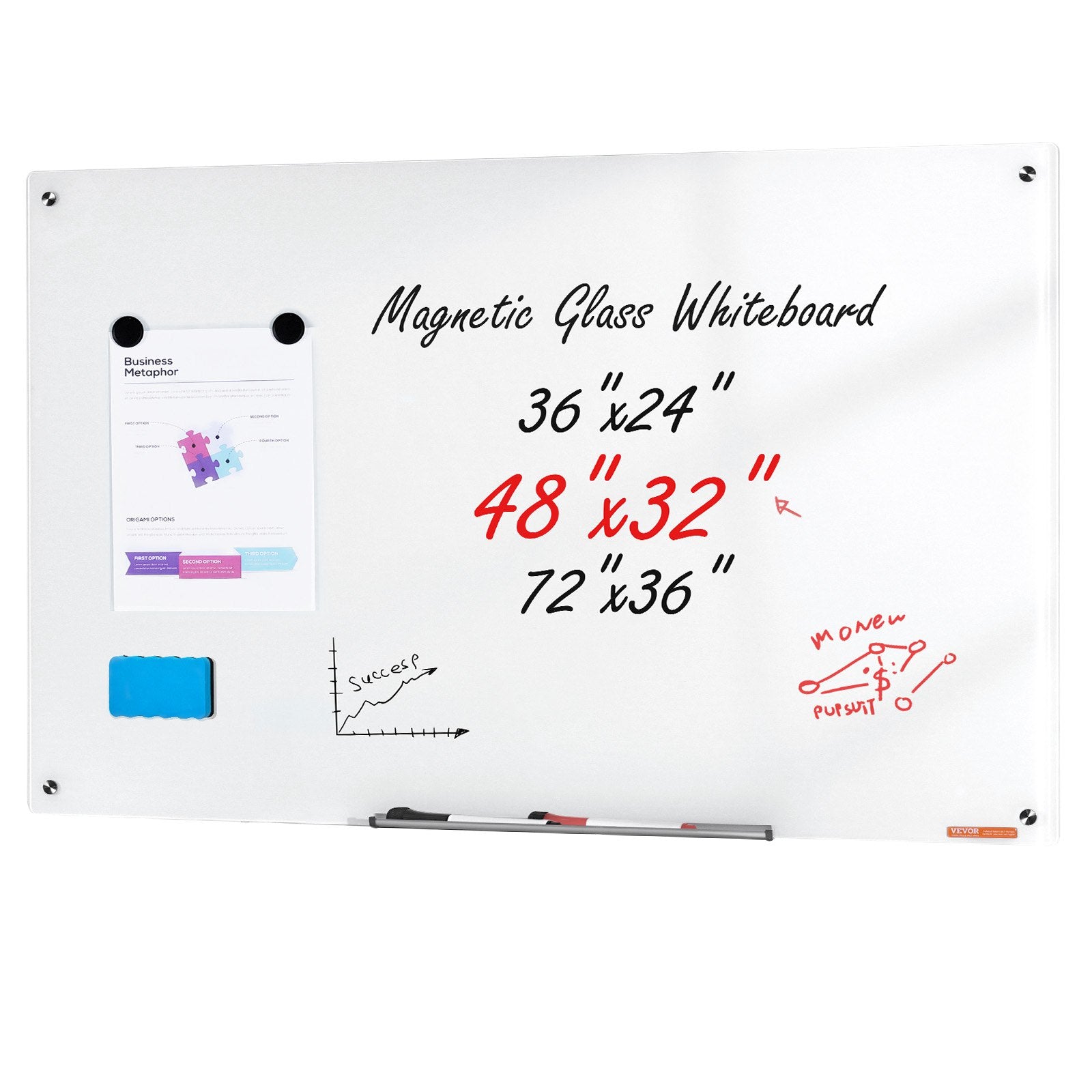 Magnetic Glass Whiteboard, Dry Erase Board 48"x32", Wall-Mounted Large White Glassboard Frameless, with V952-CXGCBLBGHBL4O9WH5V0