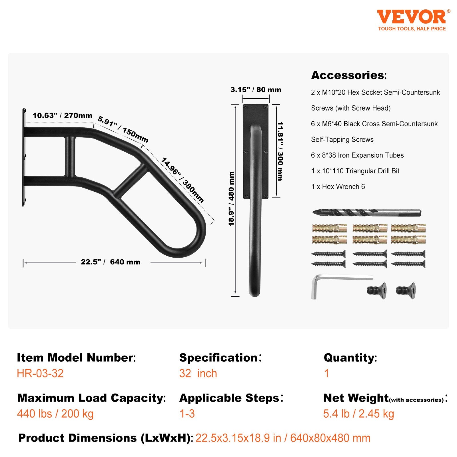 Handrails for Outdoor Steps, 32" Length Wall Mount Safety Railings for 1-3 Steps, U-Shaped Handrail with V952-CXSBSHS32IN1Q0NRVV0