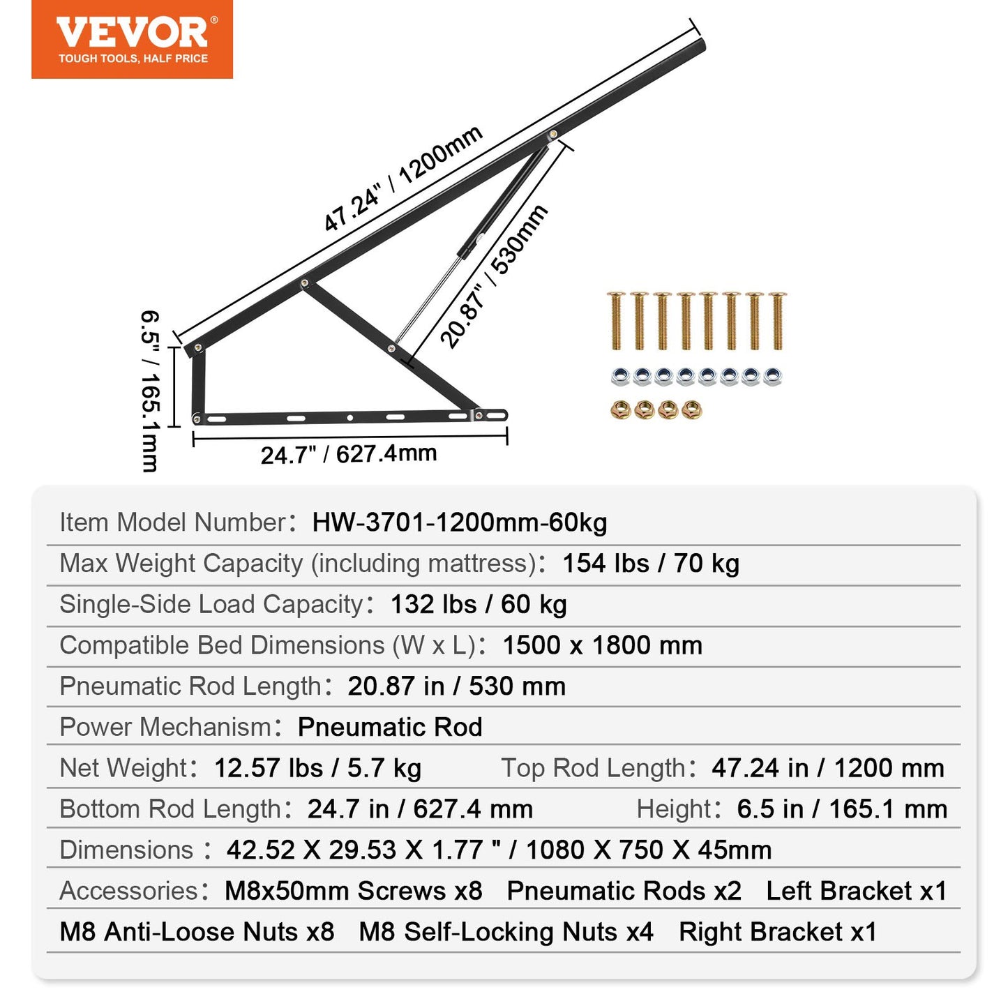 Bed Lift 59x71 in Compatible Bed Size 154 lbs Load DIY Wall Bed Hardware V952-CXSJQ1200MM6MX09VV0