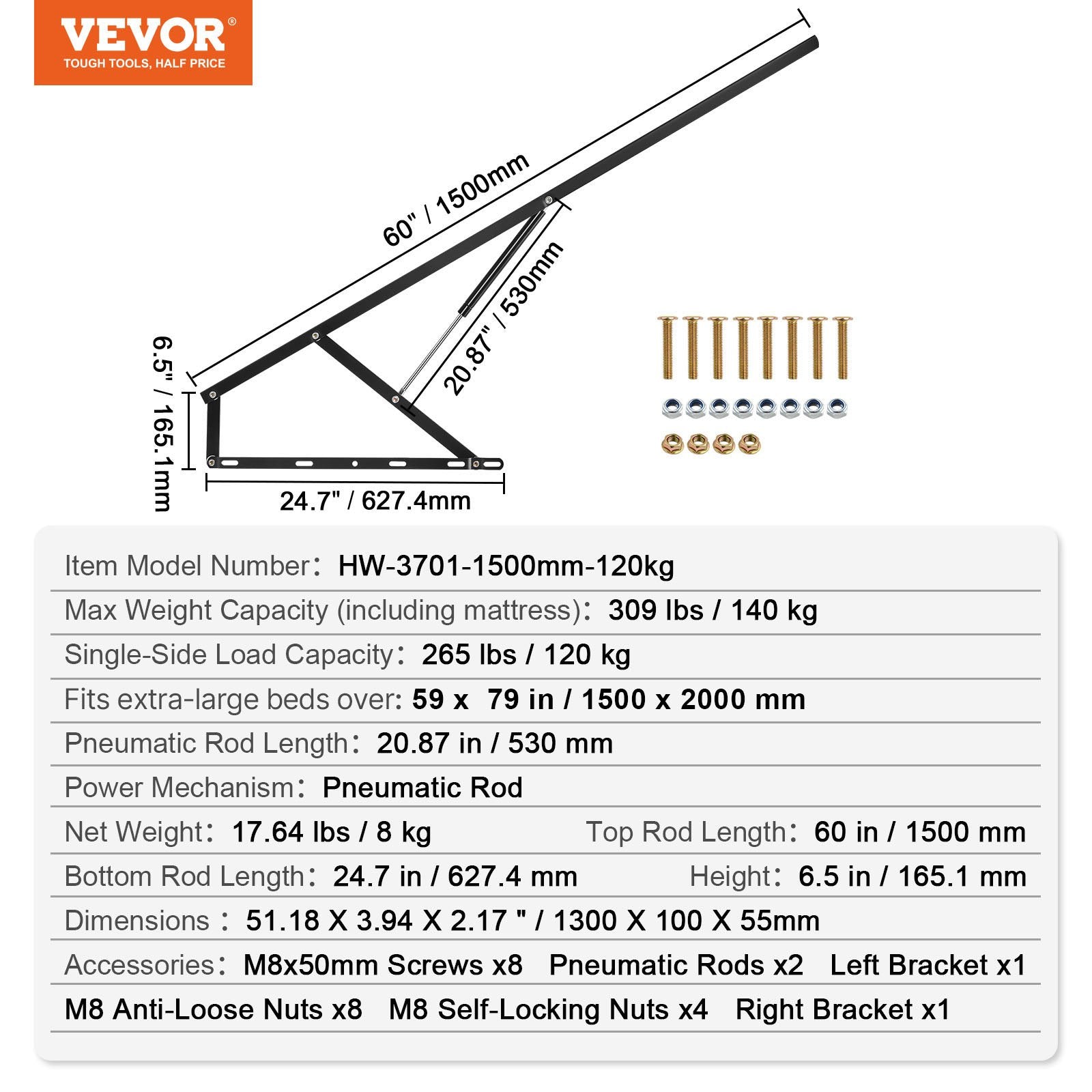 Bed Lift, 1500x2000mm Compatible Extra-large Size 140kg Load Bearing, DIY Wall Bed Mechanical Hardware Kit V952-CXSJQ1500MM1A79I8V0