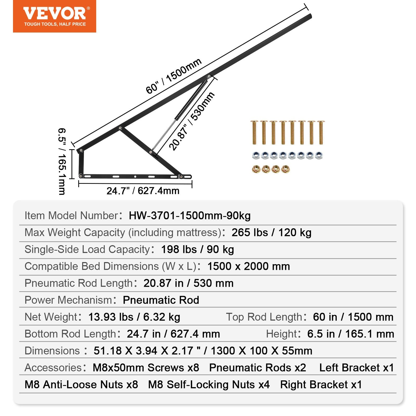 Bed Lift 59x79 in Compatible Bed Size 265 lbs Load DIY Wall Bed Hardware V952-CXSJQ1500MM9808RRV0