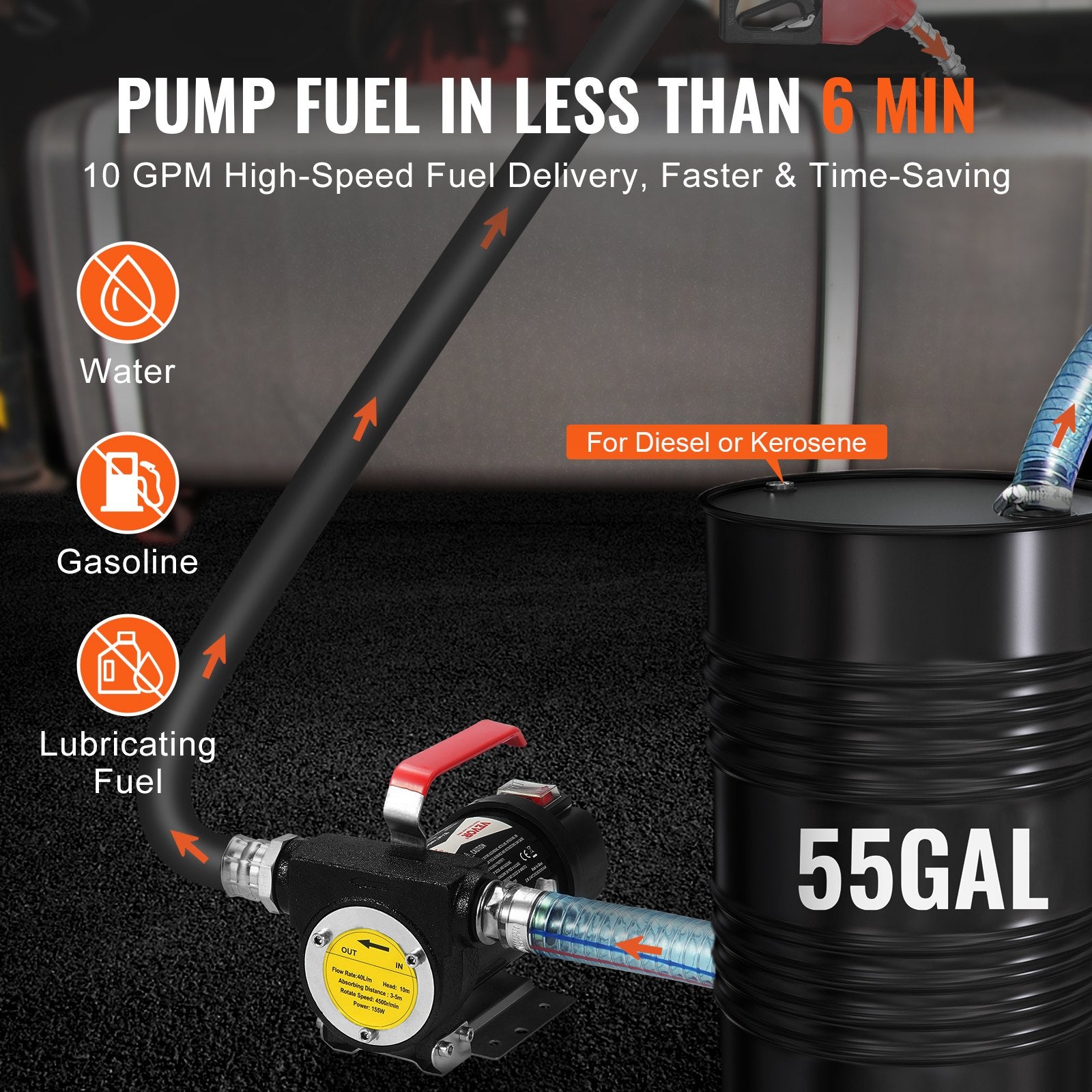 Fuel Transfer Pump, 12V DC 10 GPM 1/4 HP, Portable Electric Diesel Transfer Pump with Automatic Shut-Off Fuel V952-CYBMG10GPM147B515V9