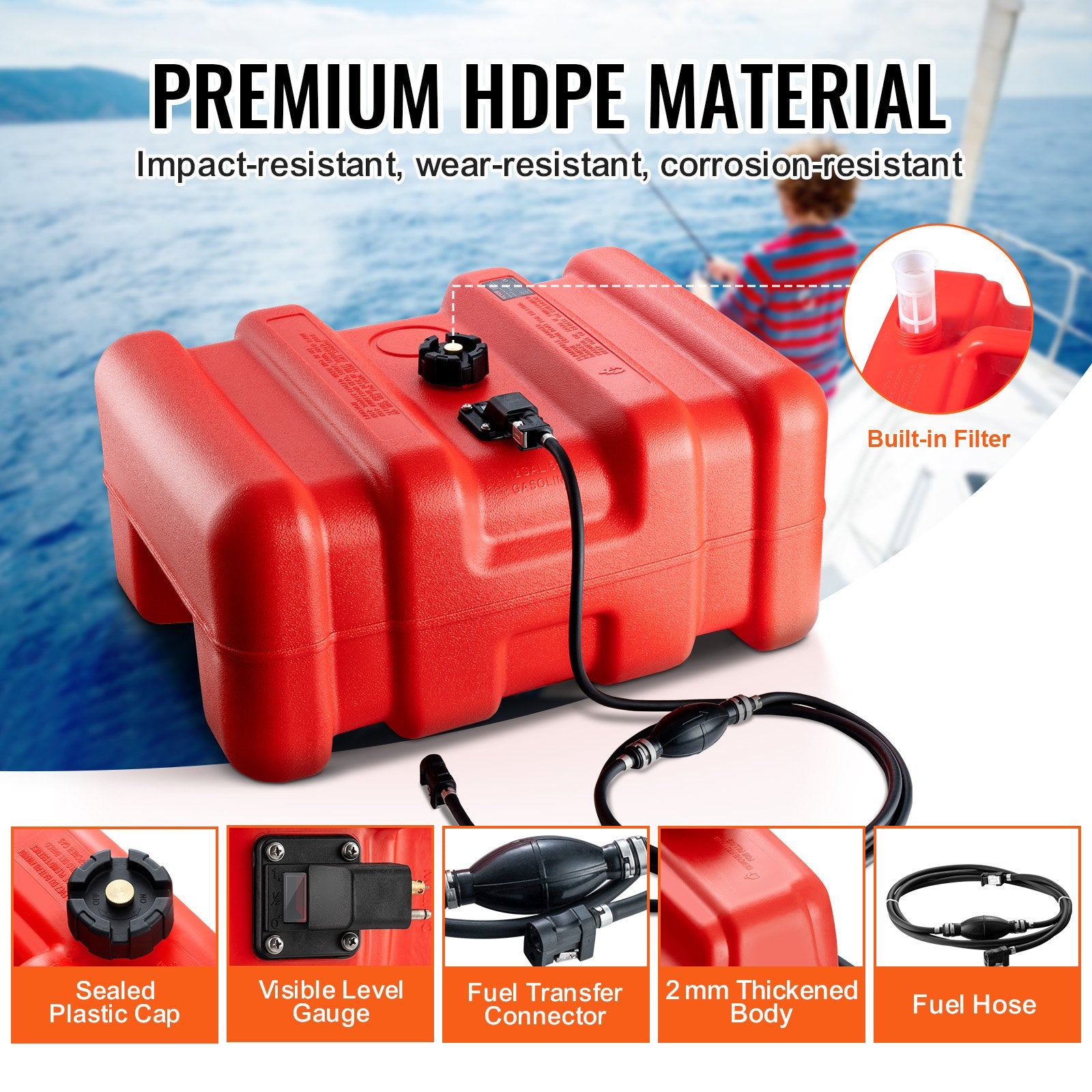 Boat Fuel Tank Portable Marine Outboard Gas Tank 12 Gal/55L with Hose V952-CYCYXWS12GAL1MPLHV0