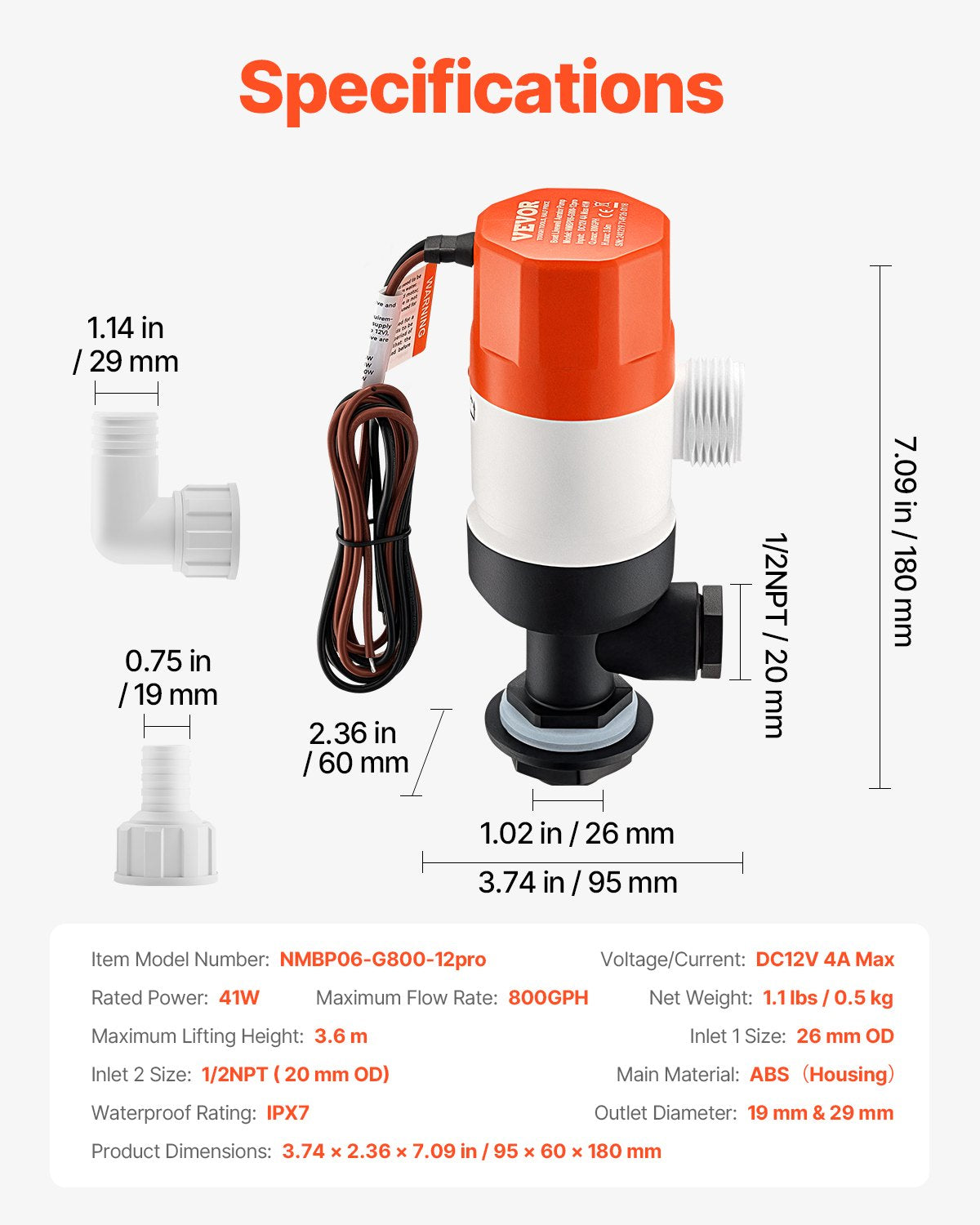 Livewell Pump for Boat, 12V 800 GPH Straight Livewell Aerator Pump with Dual Inlet, ABA Housing & Detachable V952-CYHSB800GPHZ0JYXRV9