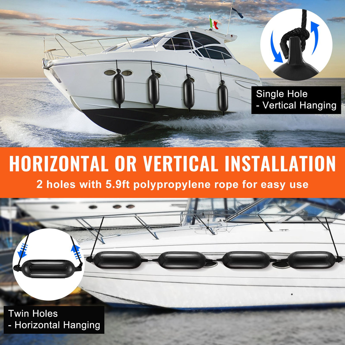 Boat Fenders, 6.5" x 23" Boat Bumpers for Docking, Inflatable Ribbed Fender with Center Holes, Marine Boat V952-CYHX4JZ65YCTVZR20V0