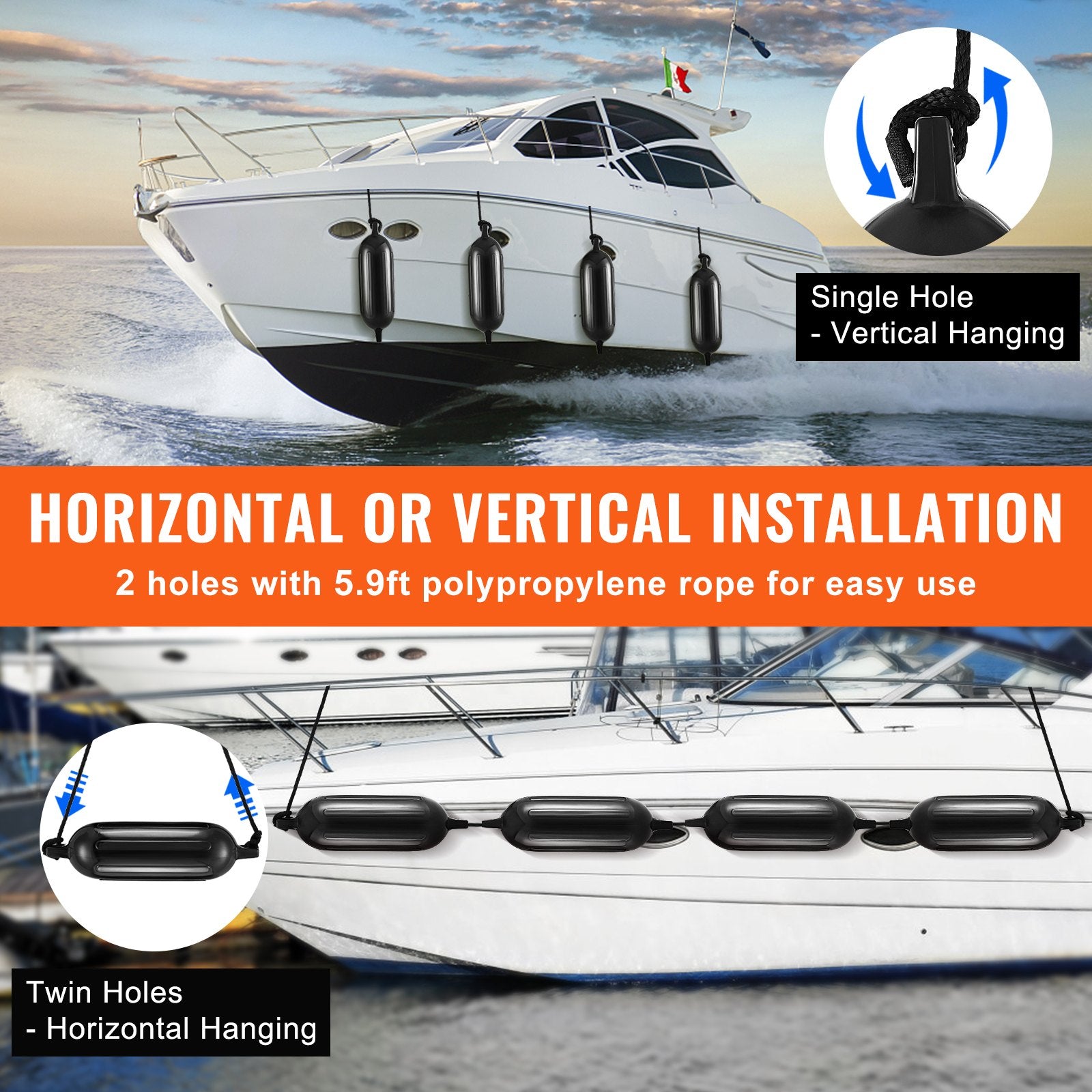 Boat Fenders, 6.5" x 23" Boat Bumpers for Docking, Inflatable Ribbed Fender with Center Holes, Marine Boat V952-CYHX4JZ65YCTVZR20V0