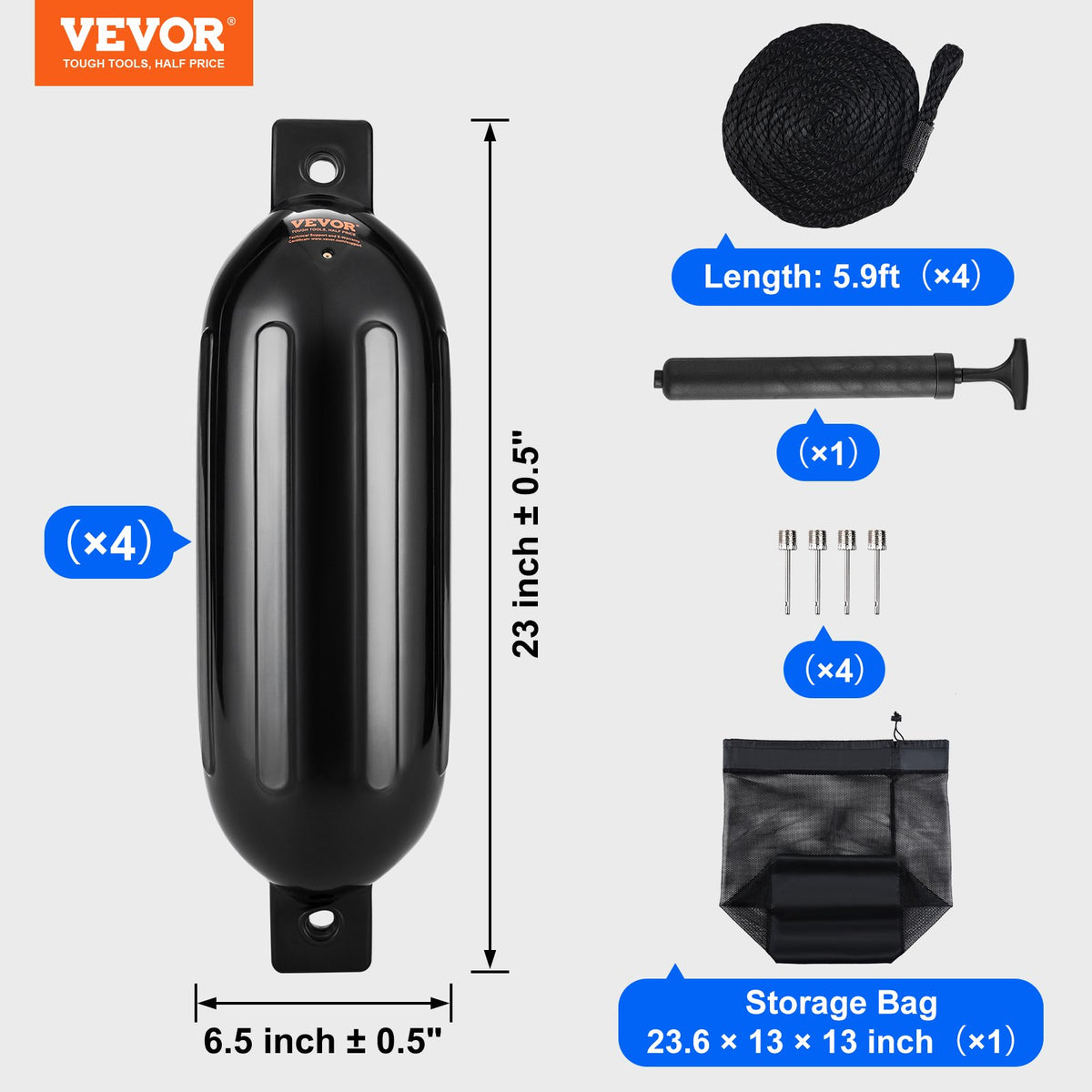 Boat Fenders, 6.5" x 23" Boat Bumpers for Docking, Inflatable Ribbed Fender with Center Holes, Marine Boat V952-CYHX4JZ65YCTVZR20V0