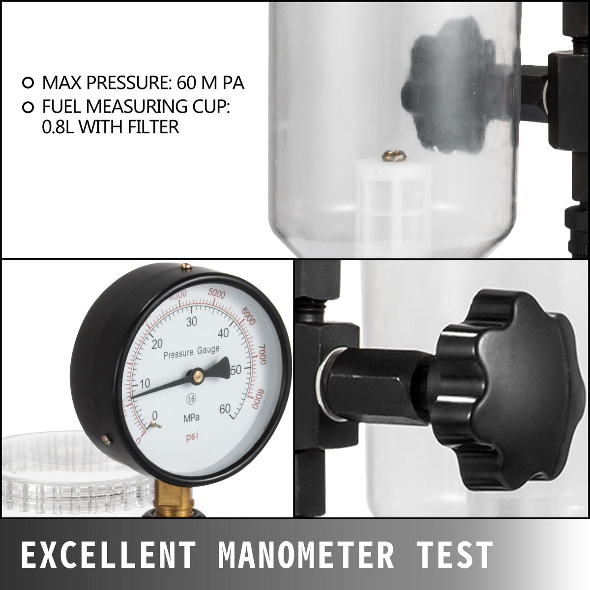 Diesel Injector Nozzle Pressure Tester Dual scale Manometer Test Tool 0-600Bar (0-8000PSI) 60Mpa Test V952-CYJPYZJYQ00000001V0