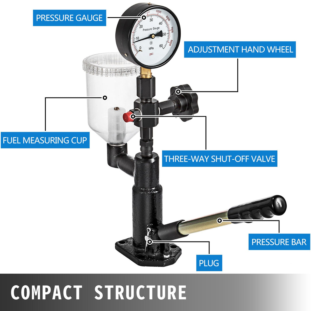 Diesel Injector Nozzle Pressure Tester Dual scale Manometer Test Tool 0-600Bar (0-8000PSI) 60Mpa Test V952-CYJPYZJYQ00000001V0